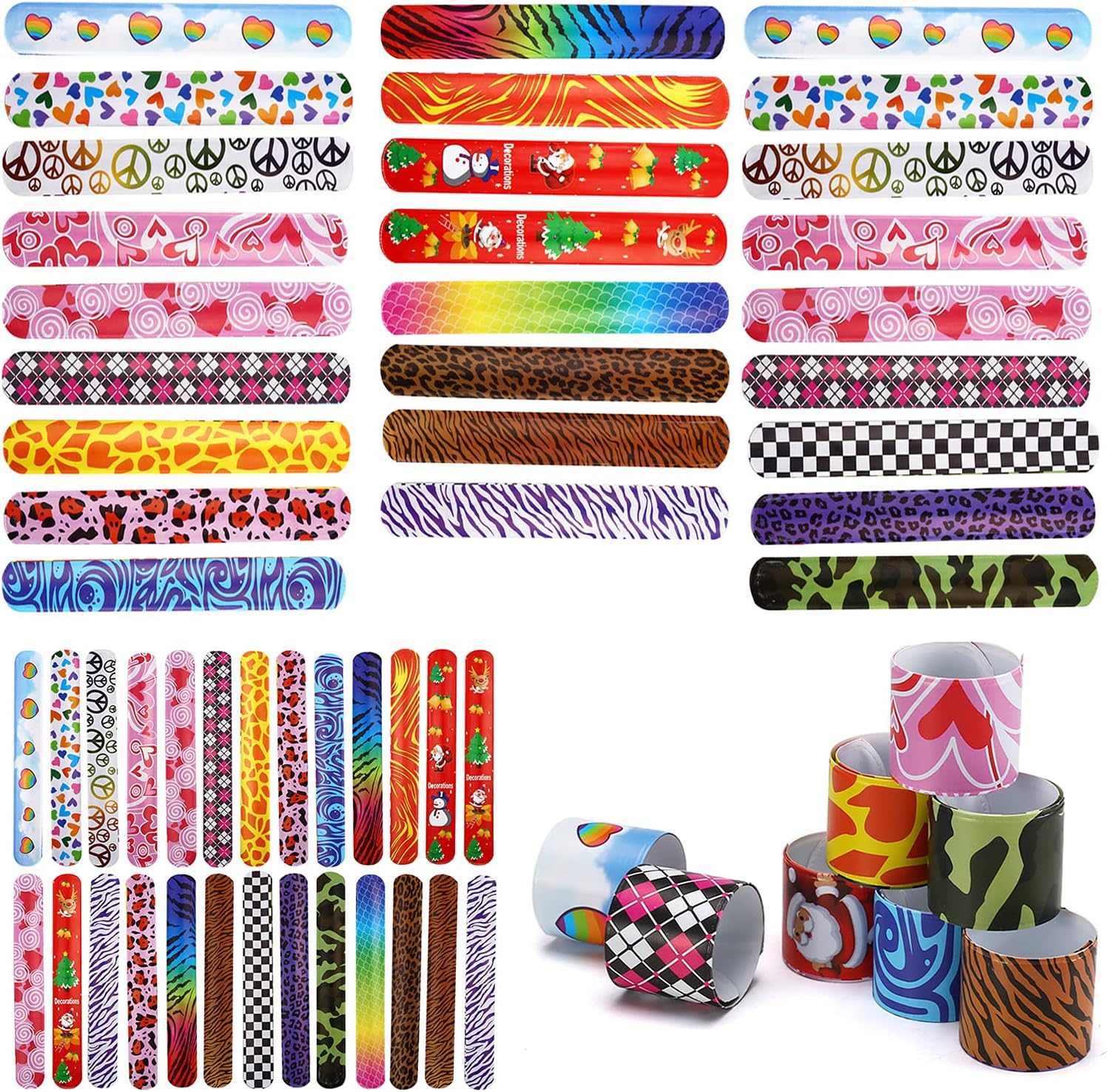 Bracelets Party,52 Pack Slap Bracelets (20 Design), Snap Bands with Friendship, Peace, Hearts, Animal Prints Toys Valentine’s Day Party Favors Birthday School Classroom Prize Exchanging Gifts