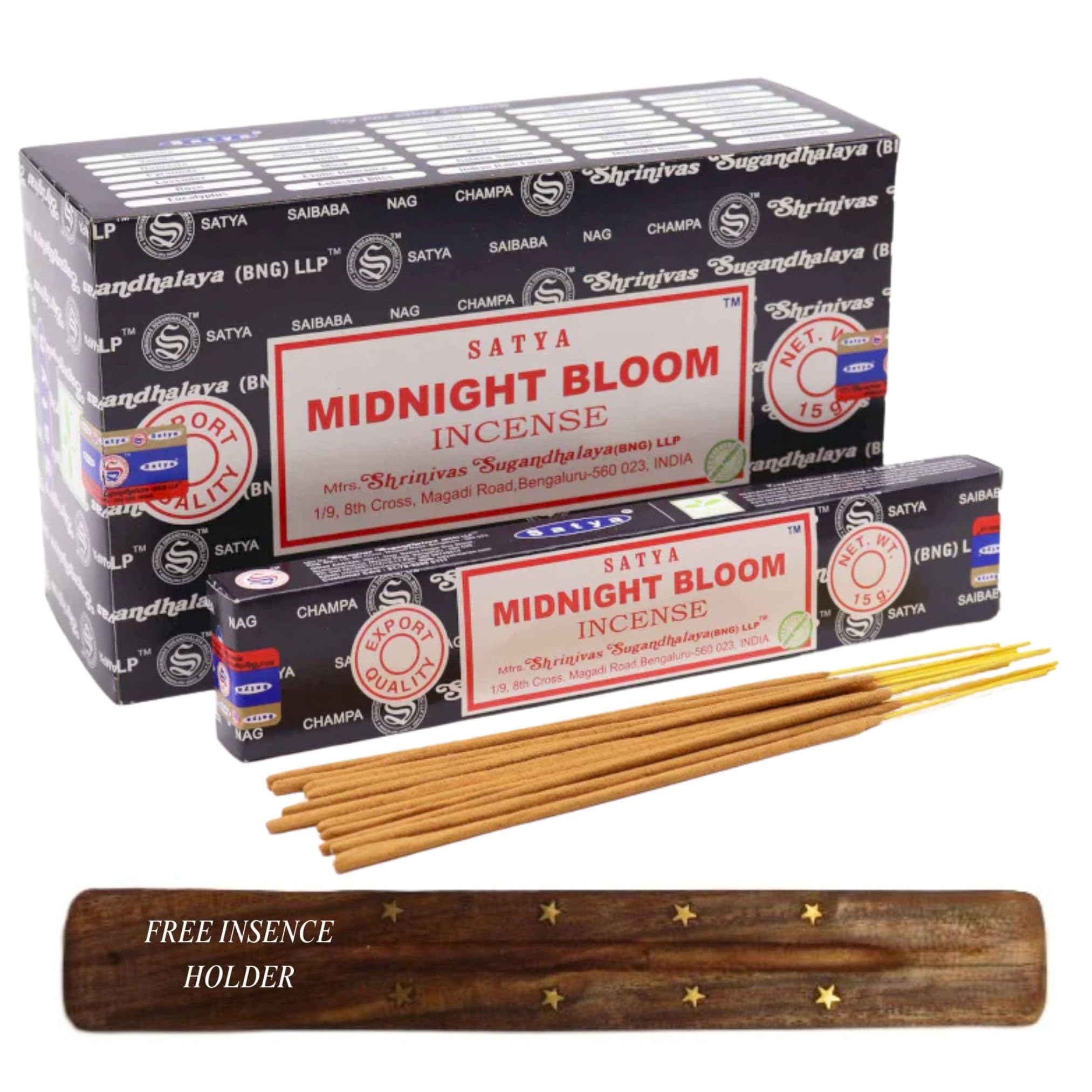 Original Satya Nag Champa Incense Sticks Full Box 12pack for Aromatherapy, Spa, Yoga, Meditation, Healing, Positivity and Relaxation Free Incense Holder (Midnight Bloom)