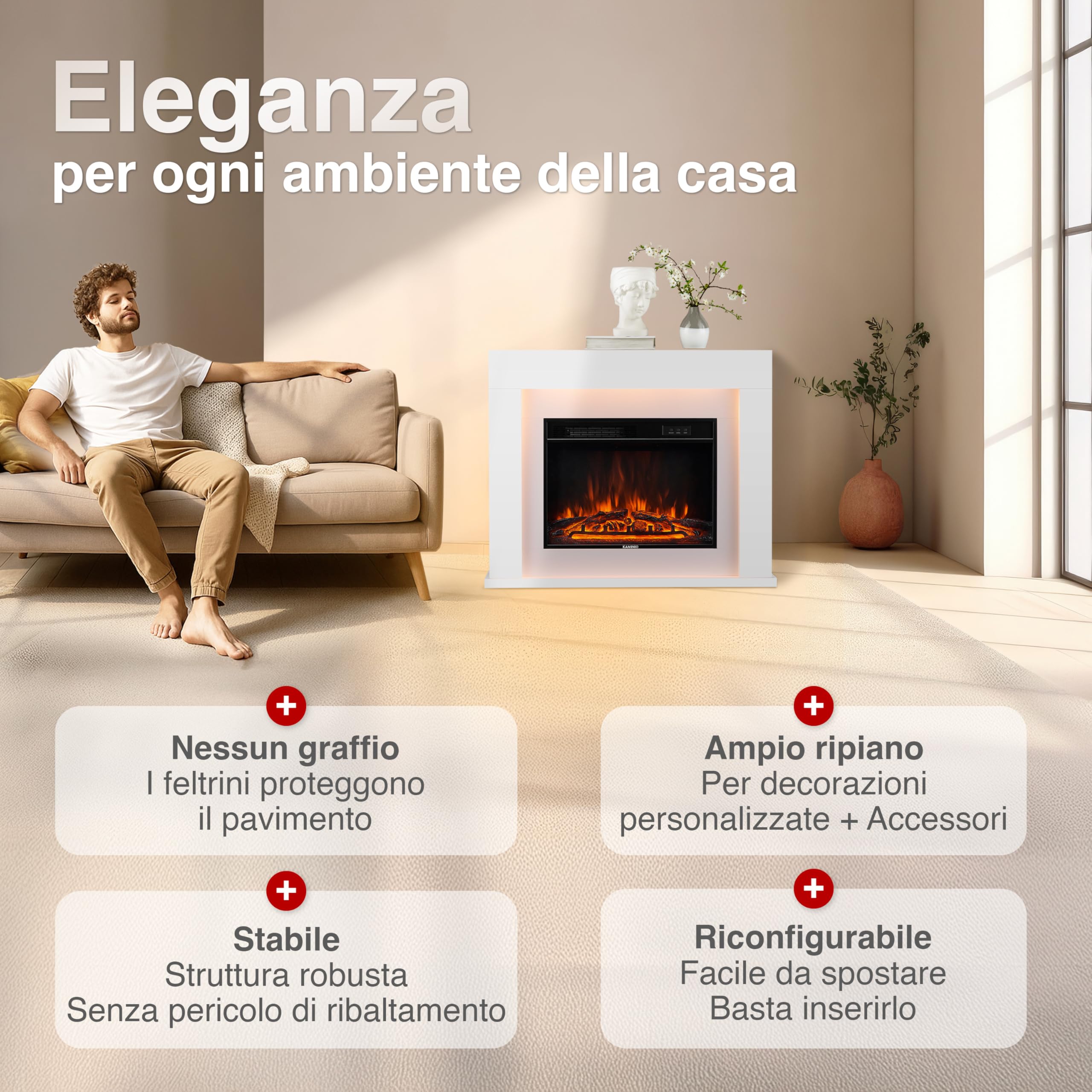 KAMINIO Camino elettrico Matti - Caminetto da pavimento con riscaldamento, effetto fiamma 3D, luce ambiente a LED, telecomando - 38 pollici (Bianco)