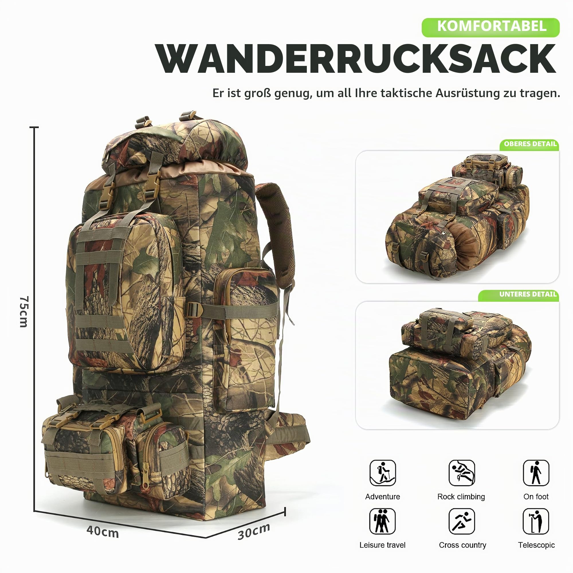 King'sGuard 100L Herren Camping Wandern Rucksack, Mapleaf, L, 100 Liter Camping und Wanderrucksack