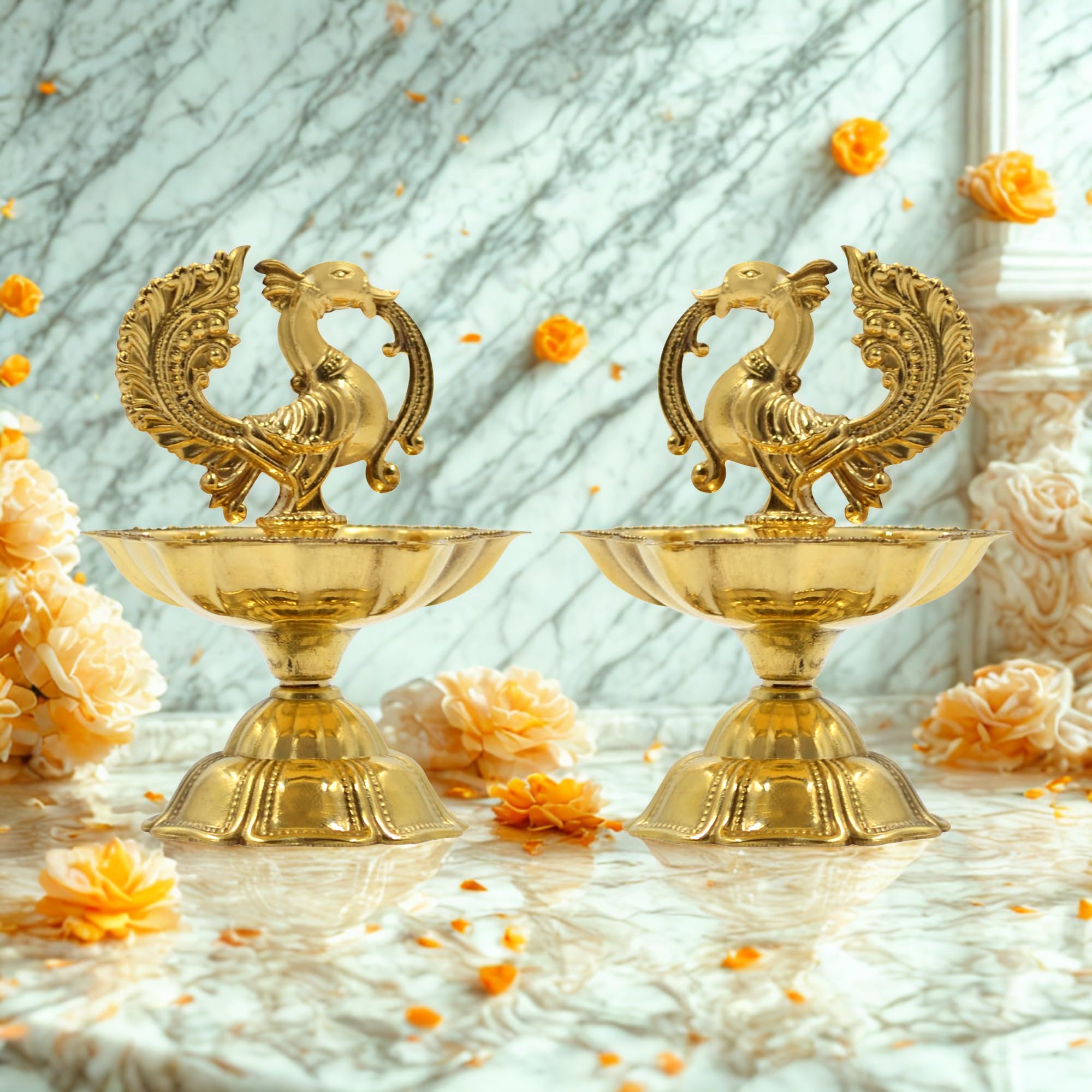 CraftVatika Pure Brass Diya, Peacock Design Brass Diya Set of 2, Kuthu Vilakku for Home Diwali Decor Items, Oil Wick Lamp Deepak Deepam Diwali Decoration Items (7 CM Height)-image-11