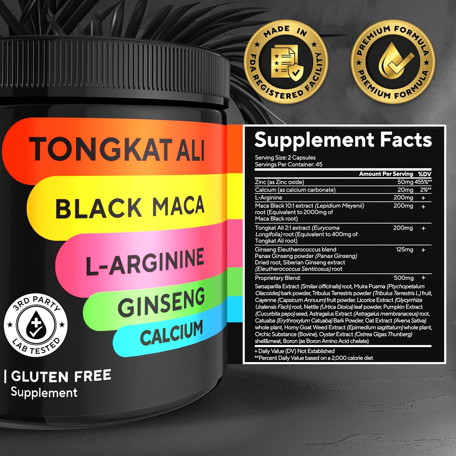 Tongkat Ali for Men 20 in 1 with Astragalus – Normal Strength & Endurance Support – USA Made Mens Supplement Complex with Black Maca Root, L-Arginine, Ginseng, Calcium, Astragalus – 90 Caps - Image 6