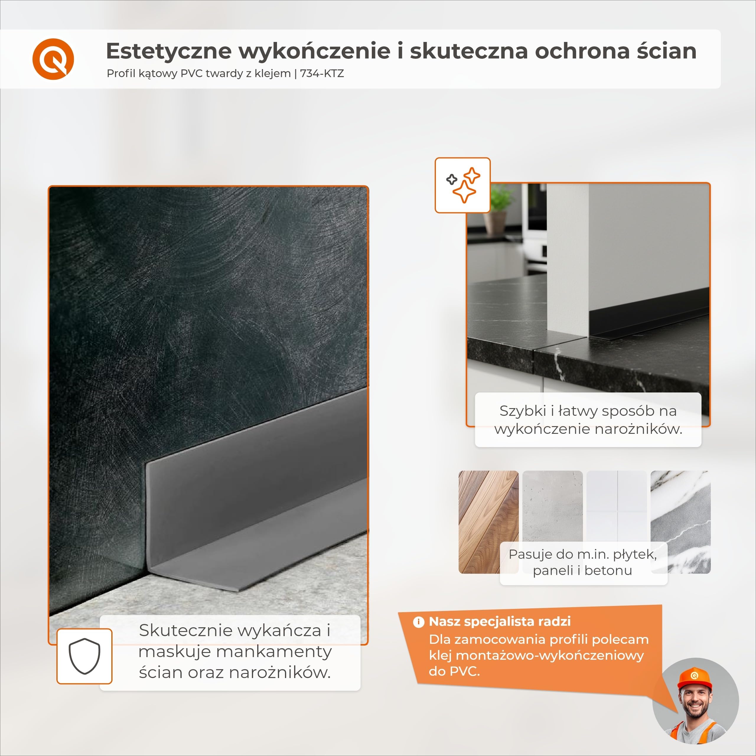 QUEST Kątownik twardy PVC 15x15 mm samoprzylepny, klejony po zewnętrznej stronie, ozdobny profil L kątowy, biały, 150 cm