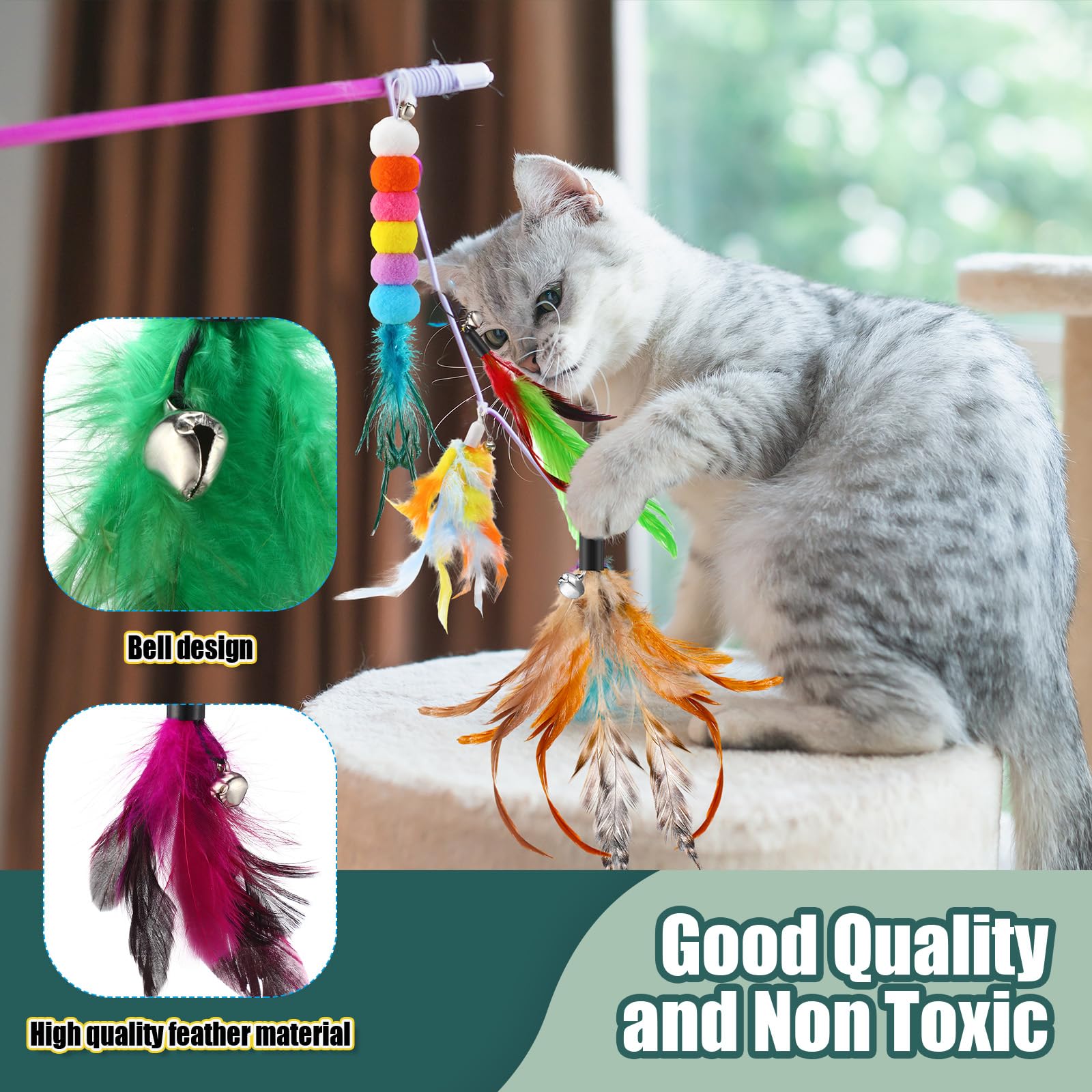 50 piezas de juguetes de plumas de gato de repuesto para varita de gato con campanas, juguetes interactivos para accesorios de varita para mascotas
