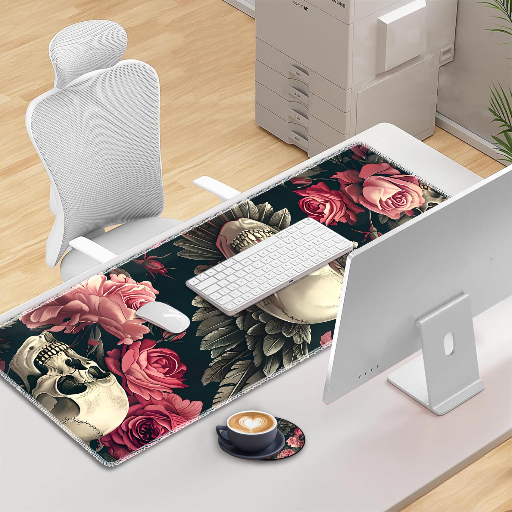 Juego de alfombrilla de mouse grande 3 en 1 (31.5 x 11.8 pulgadas) + almohadilla de reposamuñecas + posavasos, almohadilla de gel de espuma viscoelástica para aliviar el dolor, bordes cosidos, mantel