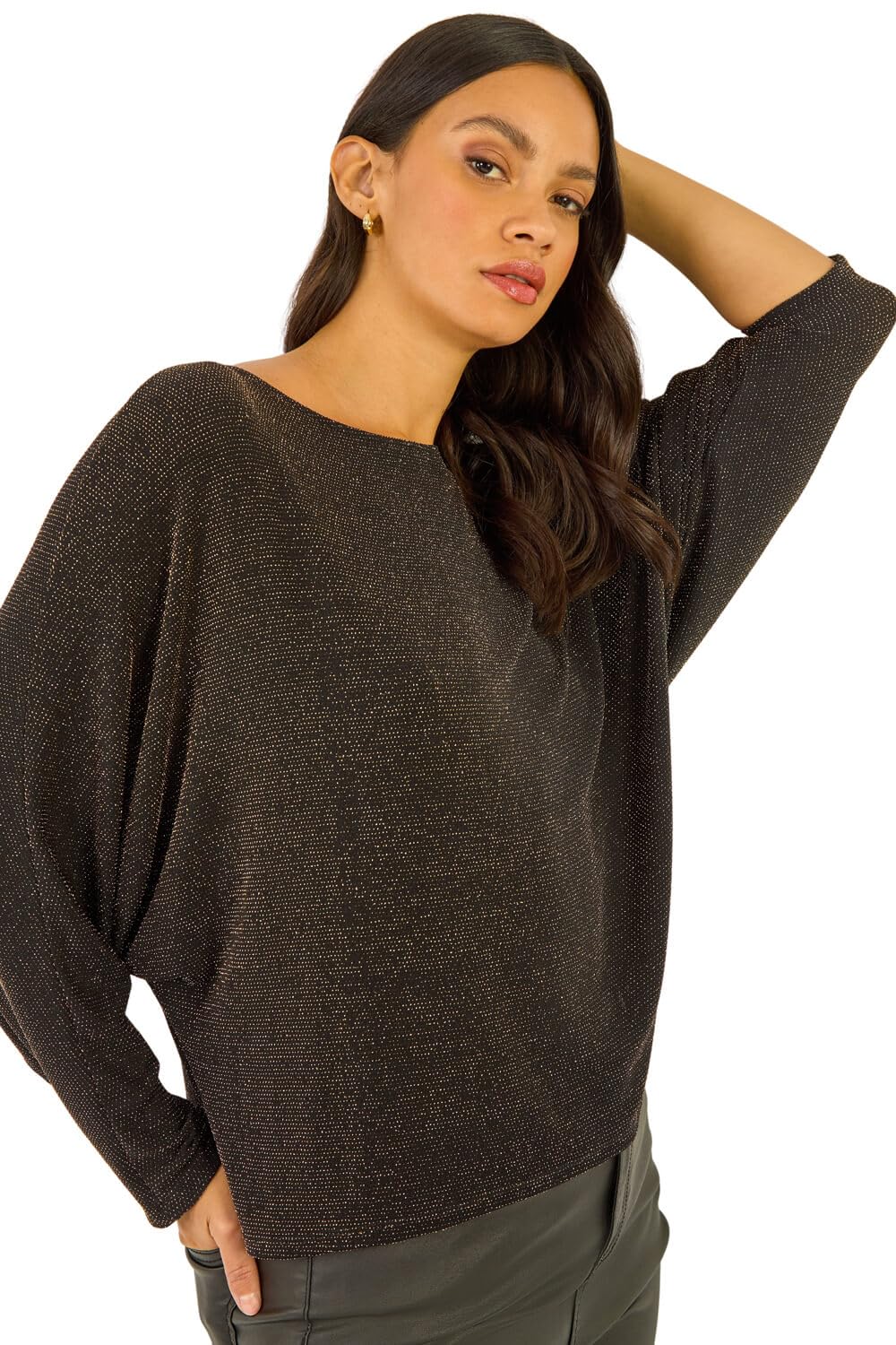 Dusk Fashion Shimmer Batwing Stretch Top for Women UK - Ladies Everyday Autumn Winter Round Neckline Comfy Soft Evening Vacation Work Party Night Out - Black - Size 12
