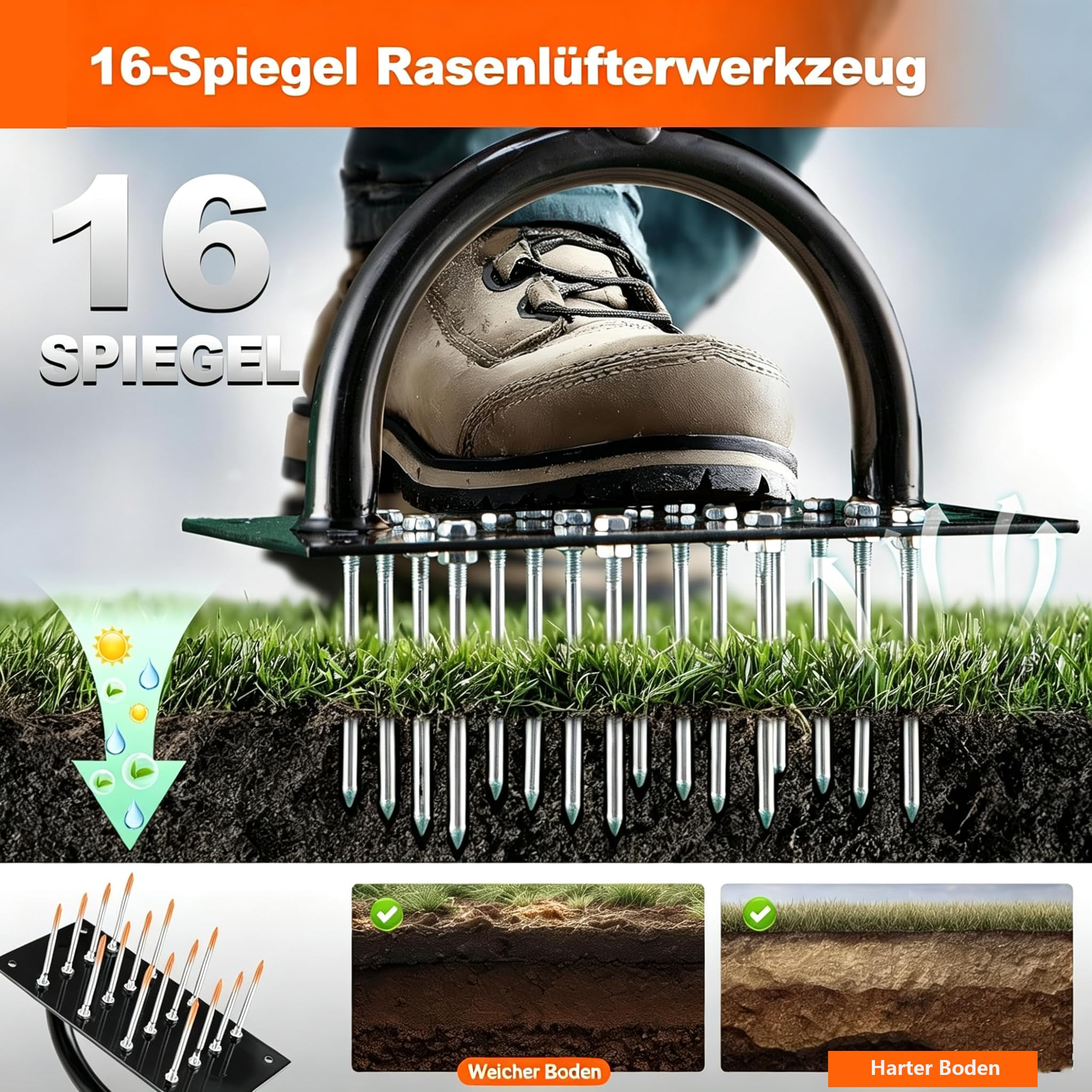 Rasenlüfter Aerifizierer für Rasen– Manuelles Rasen Belüften Gerät mit Doppelplatte, 16 Spikes& 4 Federn, T-Griff Rasenspecht für Verdichtete Böden, Garten & Rasenpflege