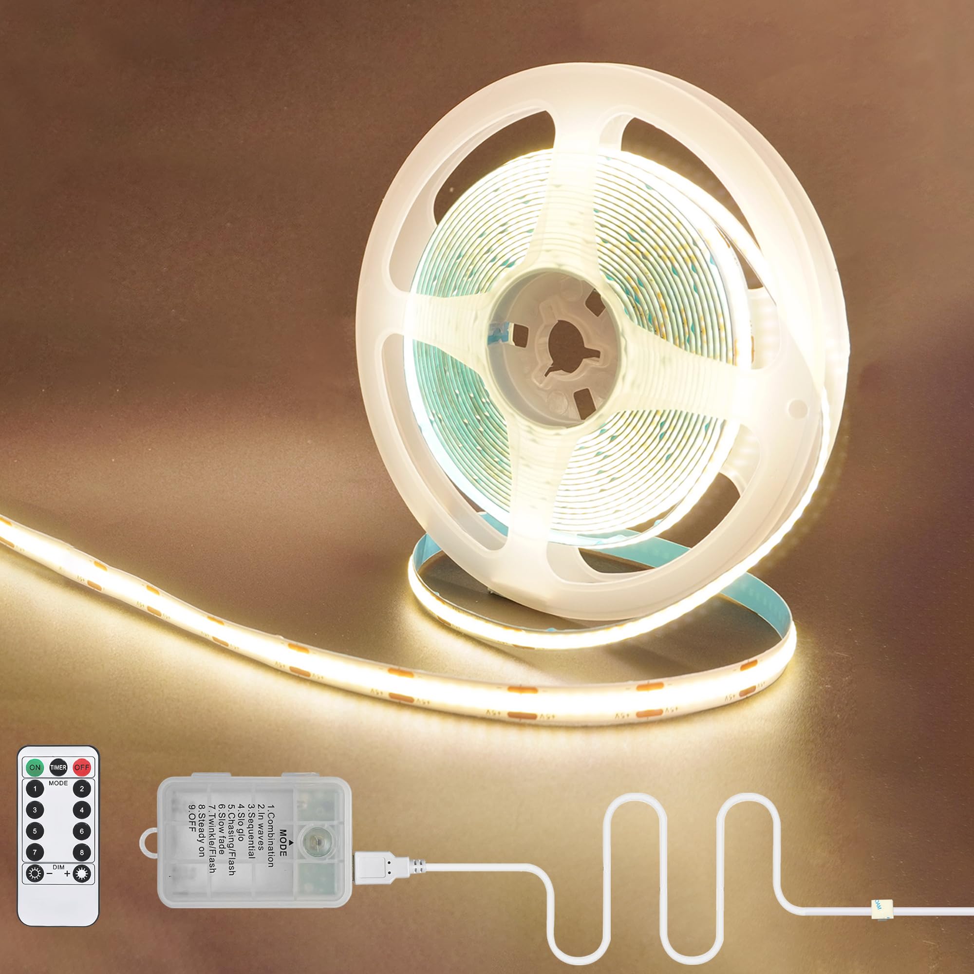 Clearhill 5V COB 320LED Strip with Battery Box and Remote Control,USB & Battery Powered (no Battery),6.56FT/2M,Natural White 4000K,8 Modes,Dimmable and Timer,8mm Width,IP20,for Kitchen,Bedroom,Stairs