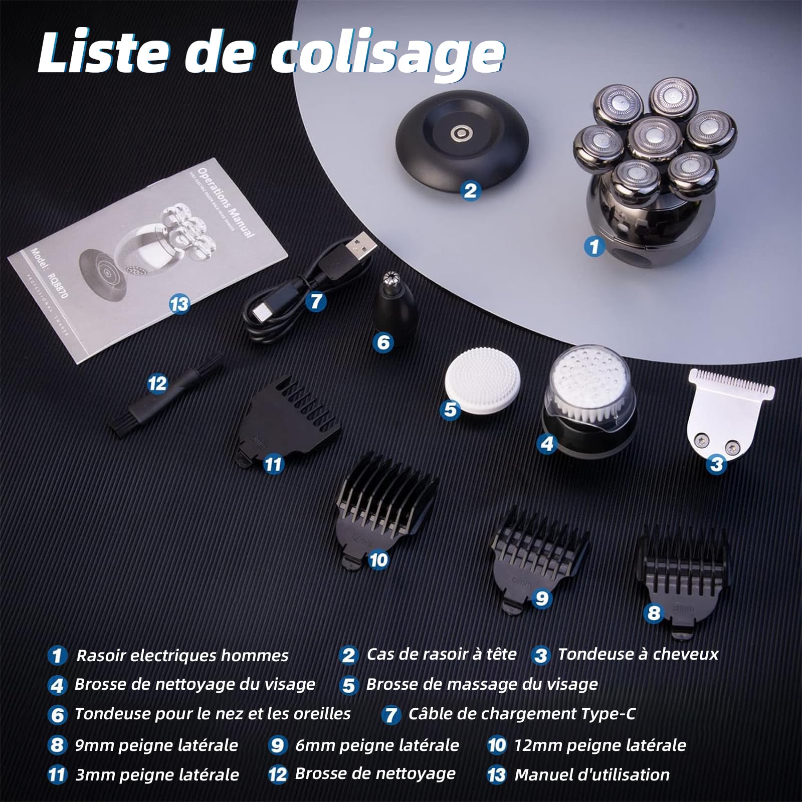 Rasoir Electriques Hommes, 6 in 1 Rasoirs à Têtes Rotatives, 7D Tondeuse Cheveux Hommes, IPX7 Étanche Rasoir Electriques Rechargeable Type-C et tondeuse nez Ave écran LED et Sec et Humide Portables
