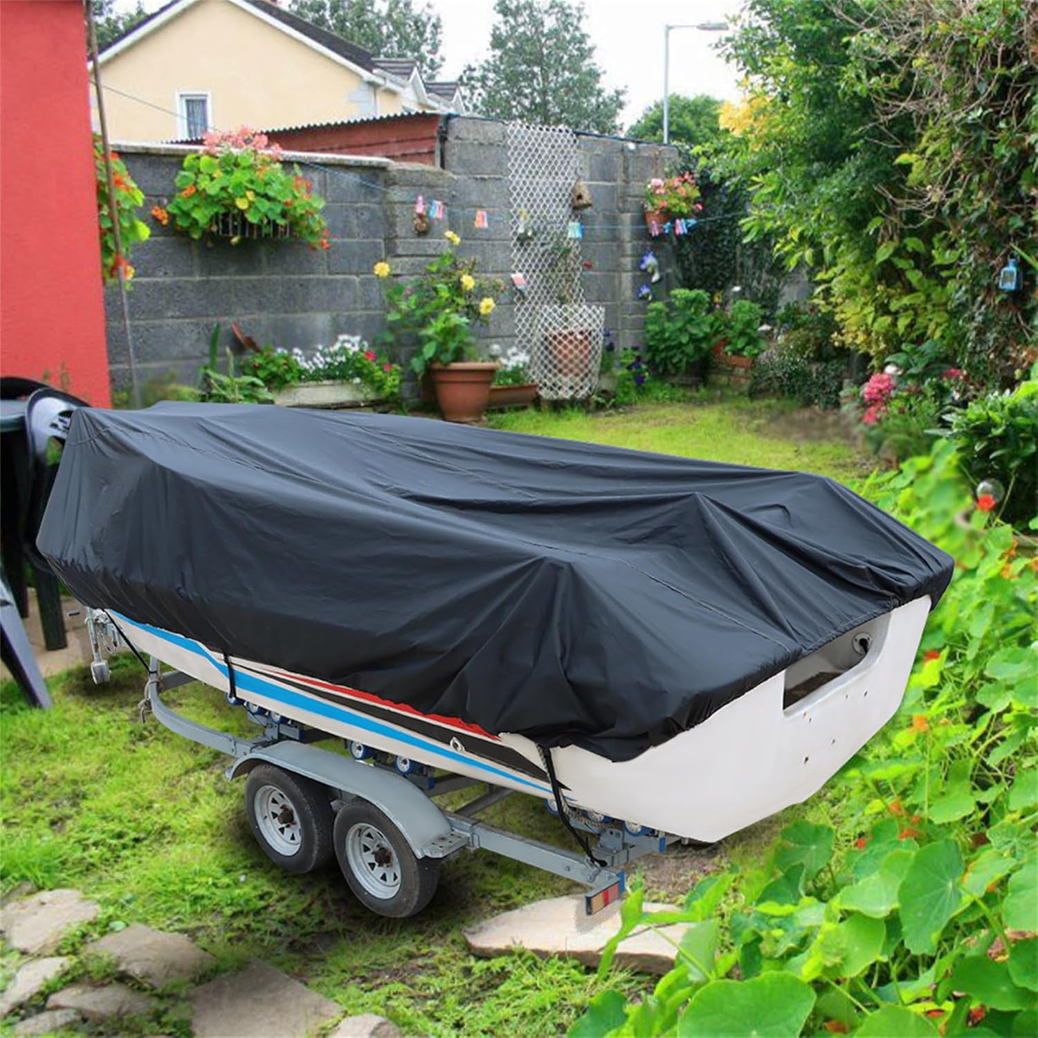 Heavy Duty 210D Boat Cover Trailerable Fishing Bass V-Hull Tri-Hull Runabouts 11-22ft Black