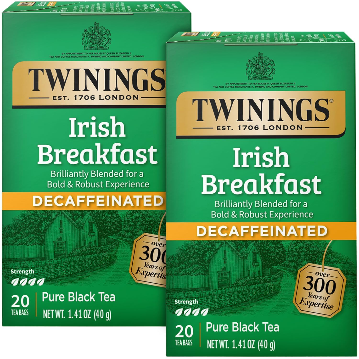 Irish Breakfast Tea, Decaf Tea Bags, Strong and Distinctive Black Decaffeinated Tea, 20 Individually Wrapped Tea Bags (Pack of 2)