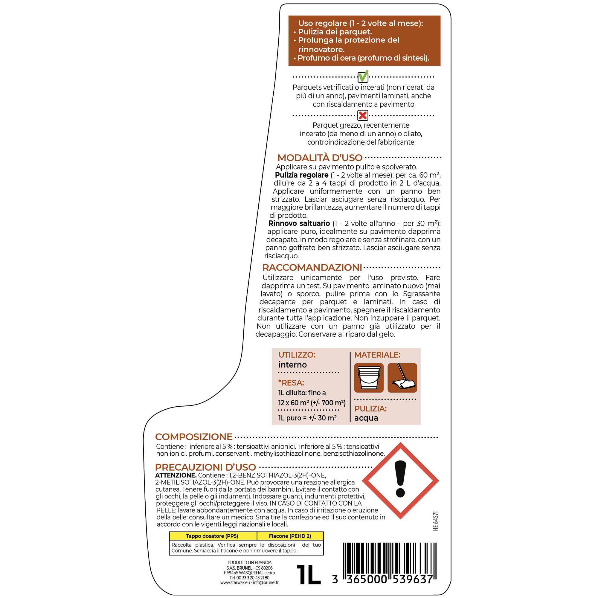 STARWAX - Lucidante protector parquet e laminati - Pulisce e ravviva la brillantezza - Non scivoloso - Senza risciacquo - 1L - fino a 750m²