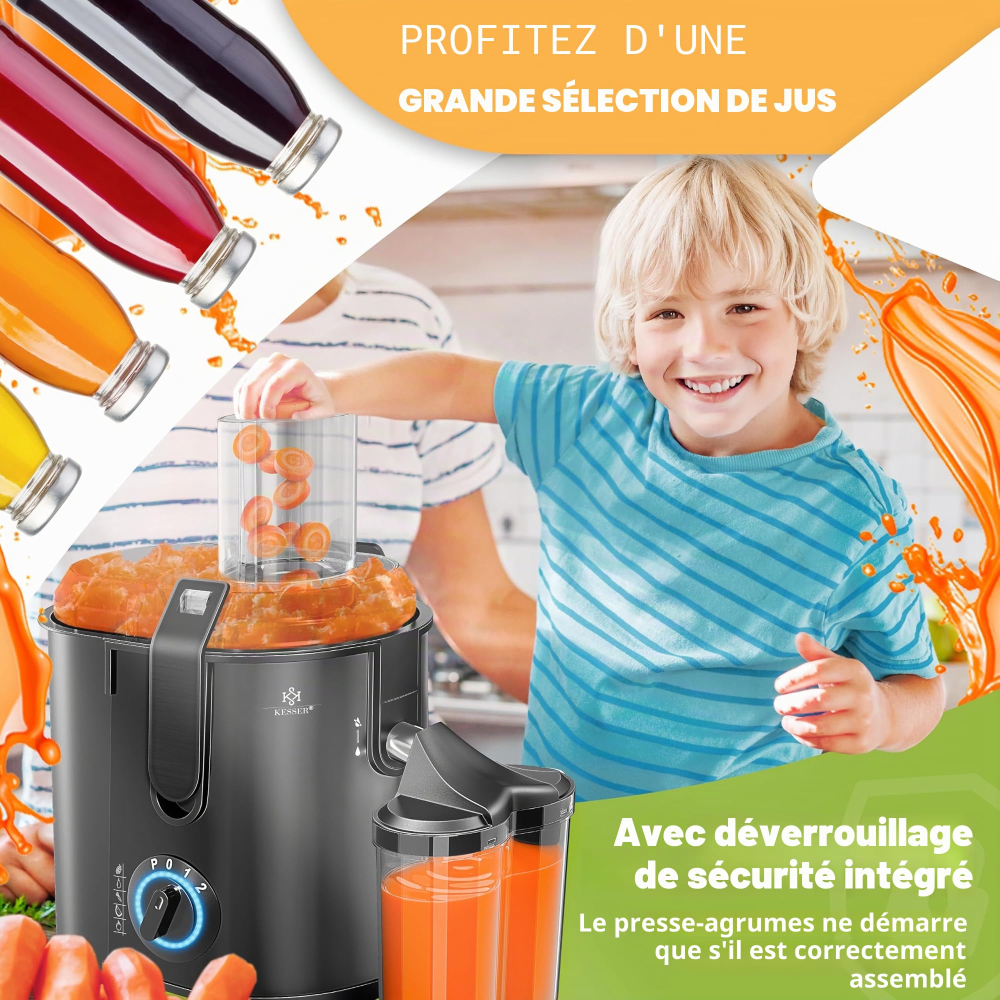 KESSER - Centrifugeuse en Inox Fruits et légumes 1100W, Extracteur de jus, Capacité 1L, Ouverture 85mm