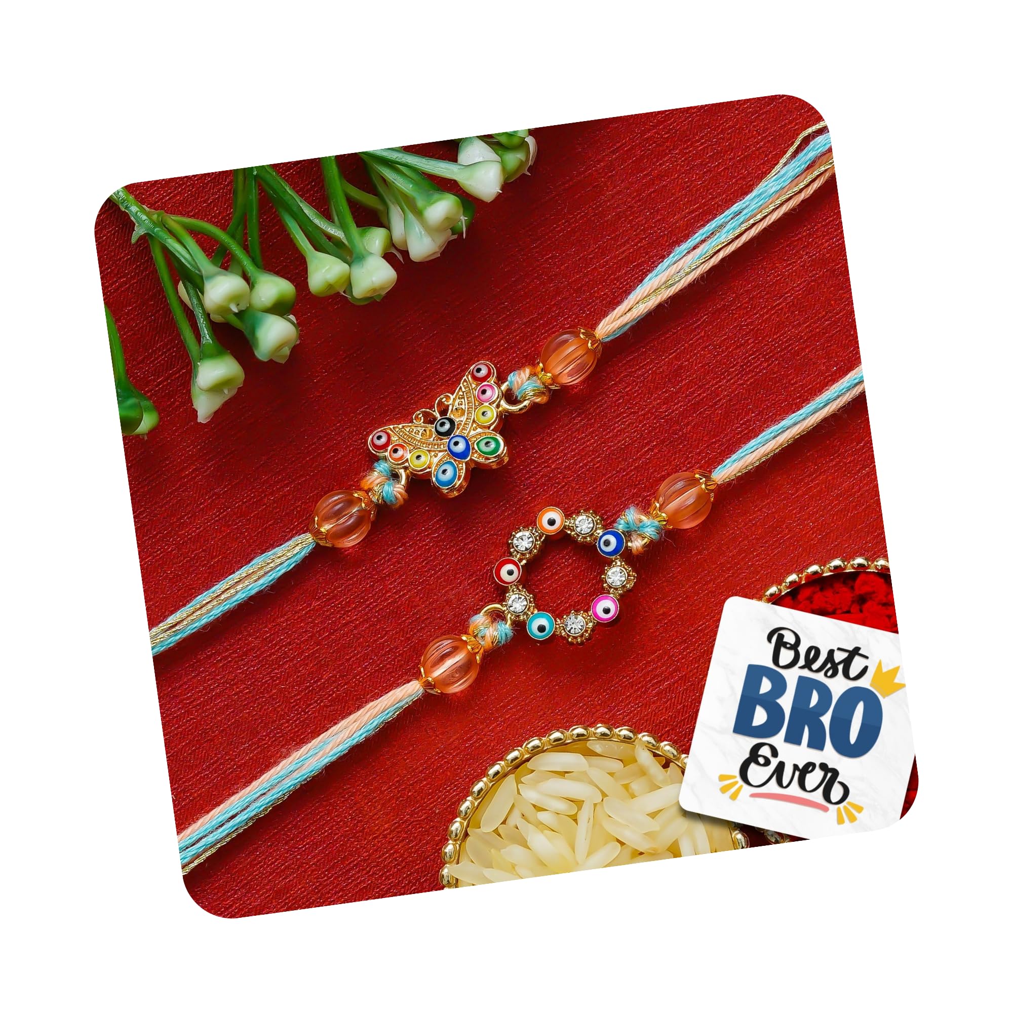 eCraftIndia Set of 2 Butterfly Evil Eye Rakhis | Best Bro Ever Fridge Magnet | Roli Chawal Pack | Evil Eye Rakhi for Brother Bhaiya Bhai Bhabhi Kids