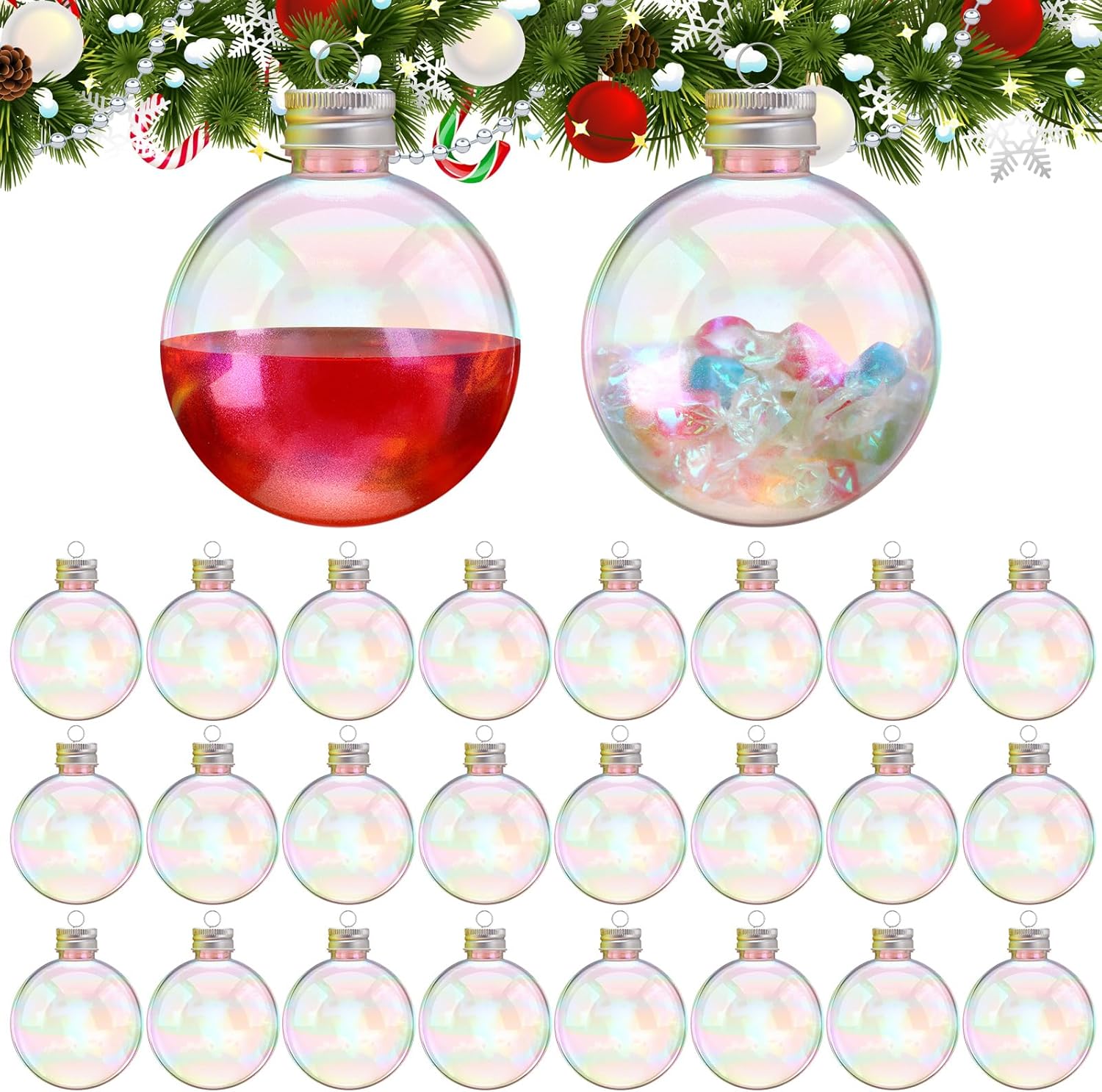 Christmas Drink Booze Balls Drinking Ornament Iridescent Fillable Drinks Christmas Tree Hanging Booze Balls Juice Pendant Bottle Bulbs for Party Decoration (24 Pcs,250 ml)
