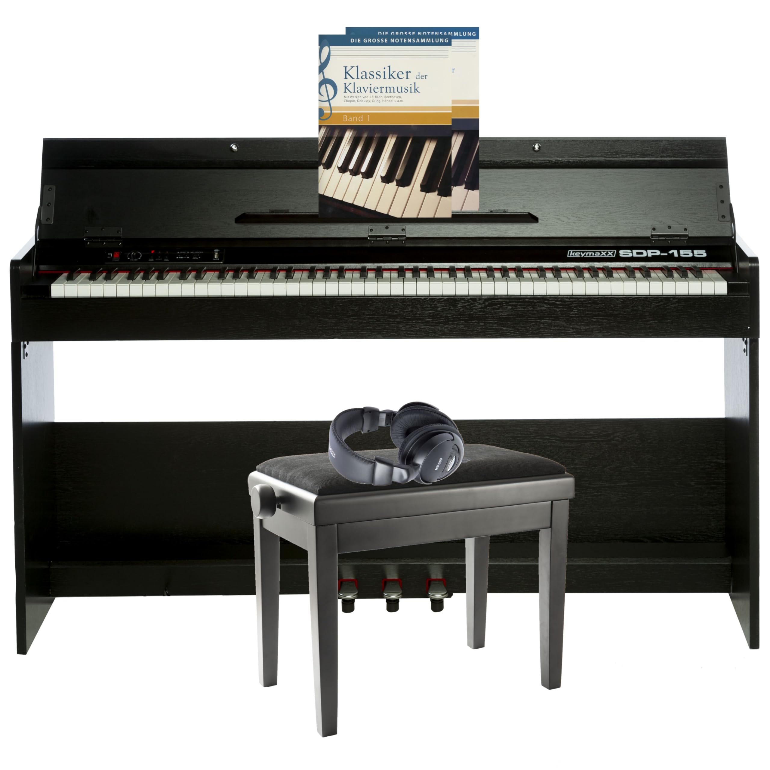 E-Piano Set, SDP-155, Schwarz, 88 Tasten, Hammermechanik, 128-stimmige Polyphonie, inklusive Klavierbank, Kopfhörer und Notensammlung