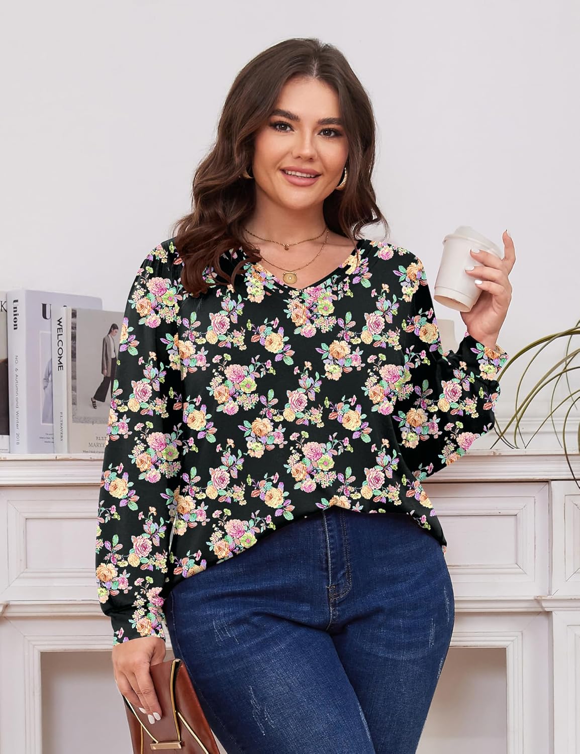TFSDOD Plus Size Tops for Women Long Sleeve V Neck Shirts Dressy Casual Blouse Loose Fit Basic Tee Tshirt(1X-5X) - Image 3