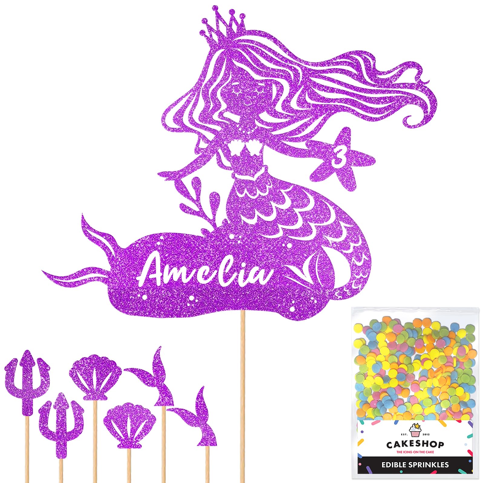 Personalised Birthday Mermaid Glitter Cake Topper- Purple Any Custom Age & Name Glitter Cake Decoration and Sprinkles - Happy Birthday Decorations - Personalised Toppers for Cakes by Cakeshop — image 1