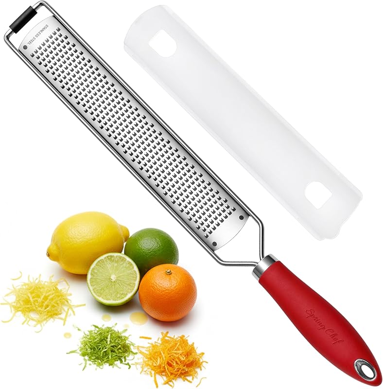 Spring Chef Stainless Steel Lemon Zester - Garlic & Ginger Grater - Red | Premium Zester with Rustproof Blade, Cheese Grater with Handle for Parmesan, Nutmeg, Lime - Durable Citrus Zester, Fine Shred