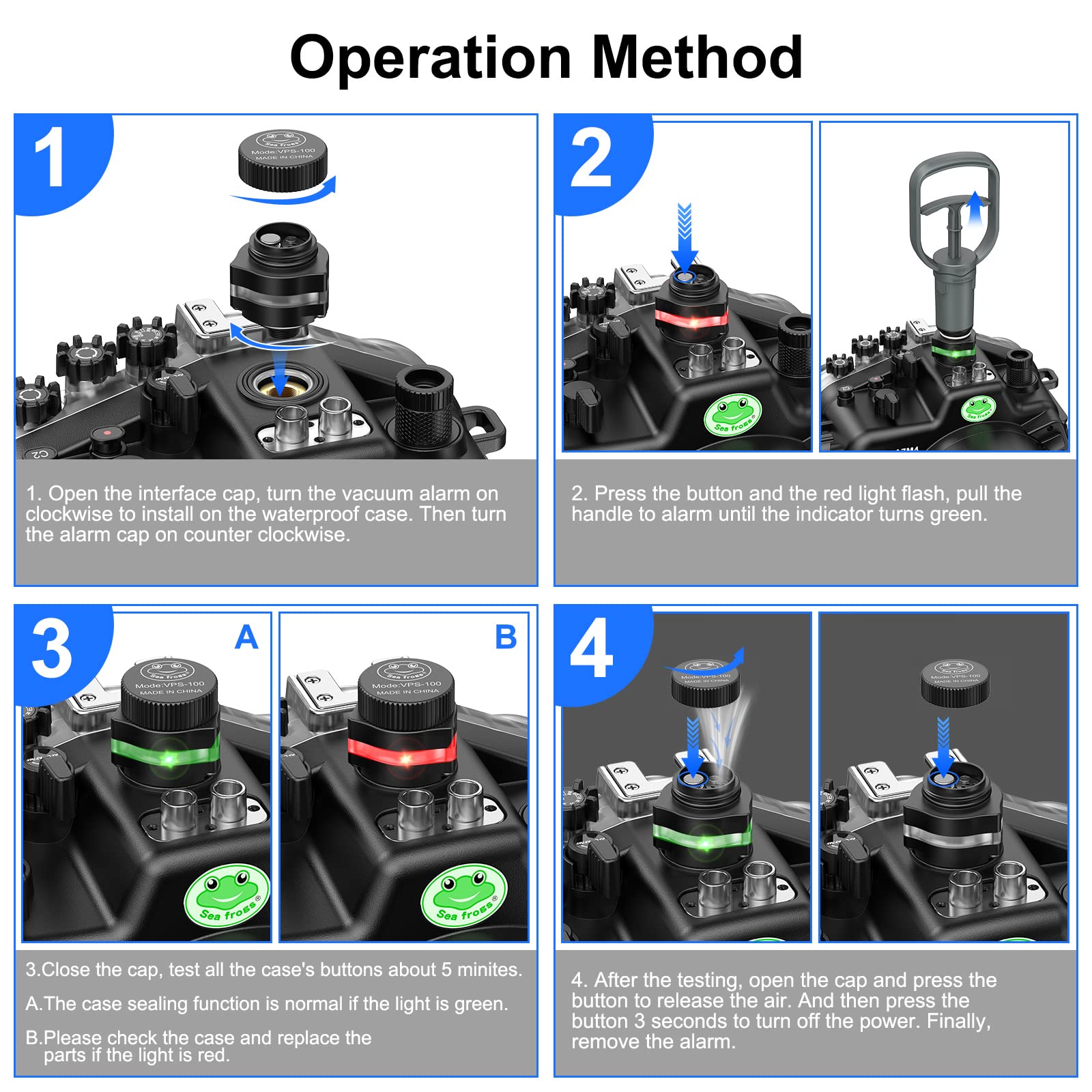 Sea Frogs - Sistema de dispositivo de comprobación de fugas de vacío pre-buceo, sistema de detección de alarma de vacío, bomba de vacío subacuática, sistema de bomba de vacío impermeable portátil VPS