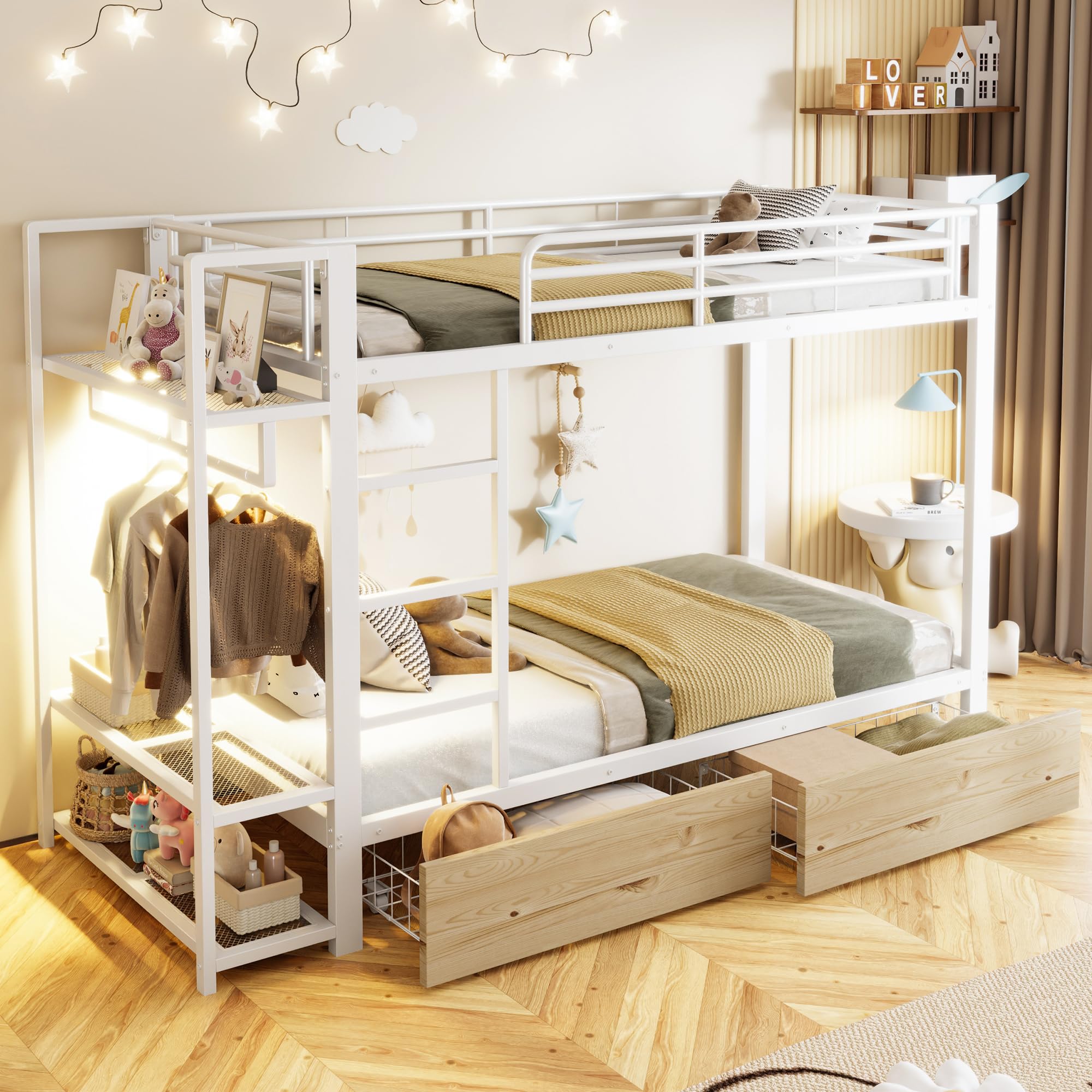Lit Superposé Enfant 90×200 cm, Lit Mezzanine 2 Places avec LED, Portant à Vêtements, Rangements étagères et 2 Tiroirs, Garde-Corps & échelle, Gain de Place, Blanc