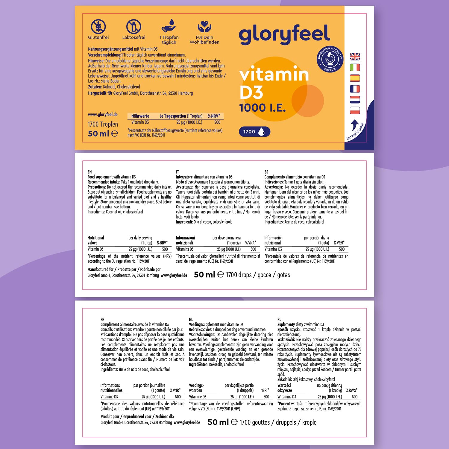 Vitamina D3 1000 UI per Goccia, 50ml (1700 Gocce), Eletto PRODOTTO DELL'ANNO 2025, Supporta Ossa, Denti e Sistema Immunitario, Vitamina D Colecalciferolo, in Olio MCD ad Alta Stabilità