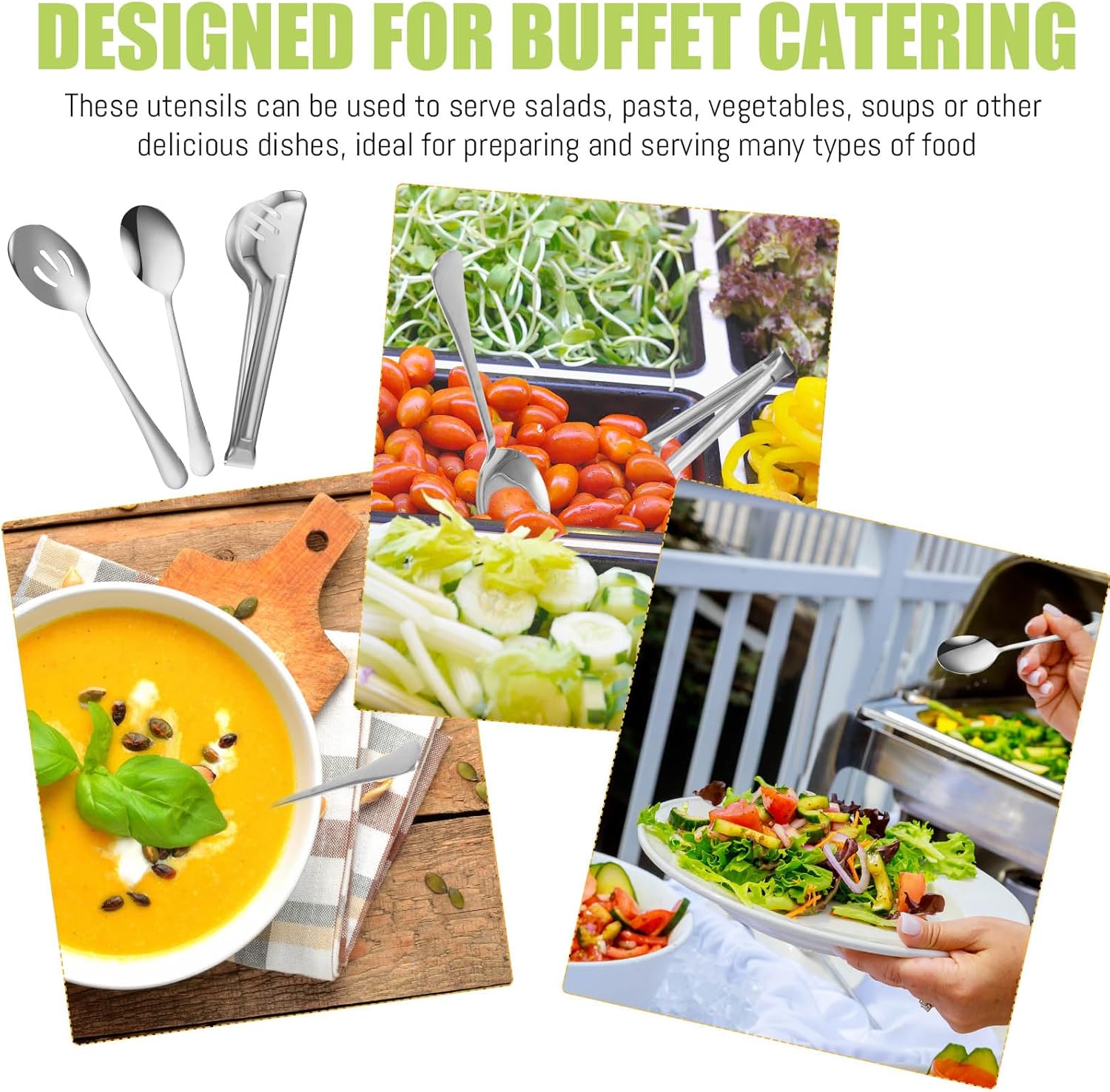 Sabary 36 Pcs Stainless Steel Serving Utensils for Buffet Parties Including 12 Serving Spoons 12 Slotted Spoons 12 Serving Tongs Large Metal Flatware Set for Tanksgiving Catering Banquet(Silver)