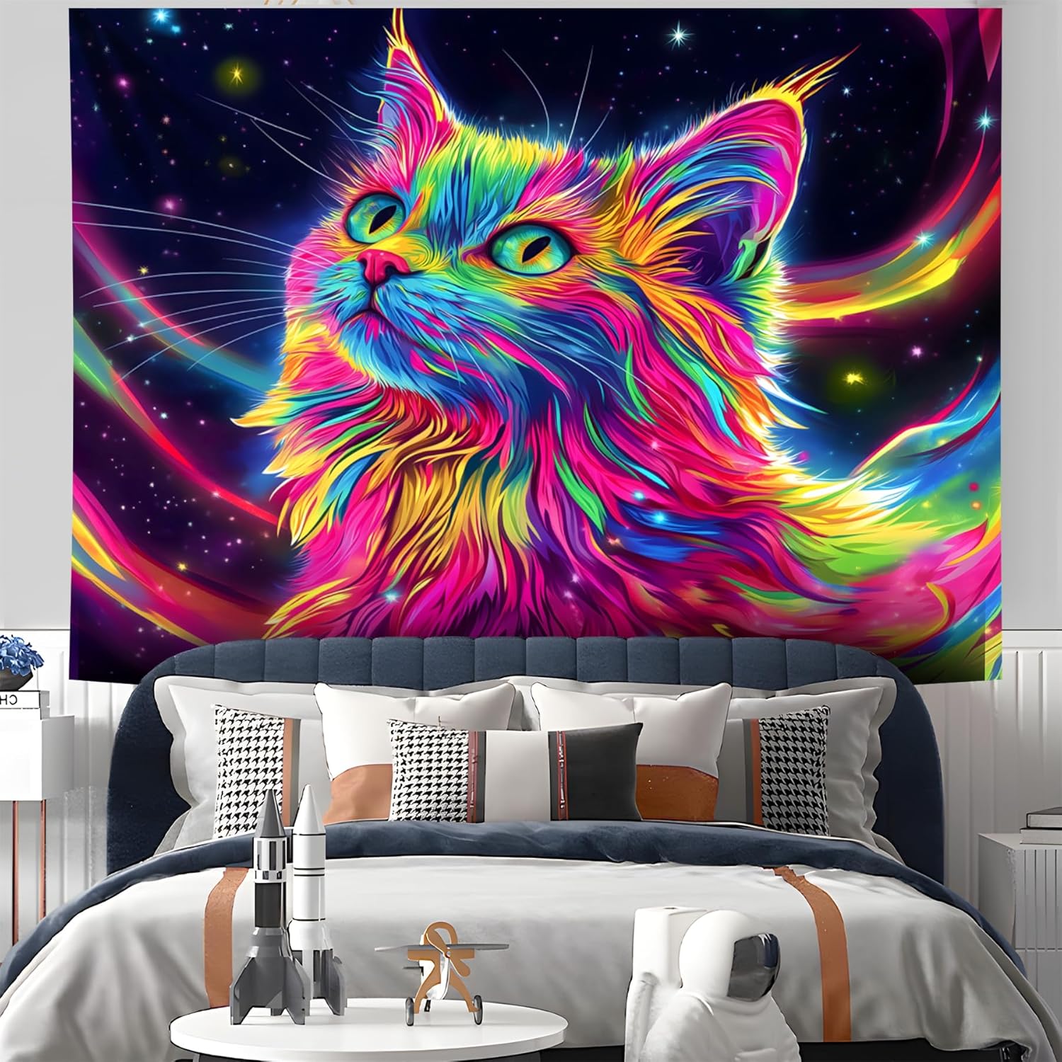 NYZE Cat Tapestry for Bedroom, Music Wall Tapestry, Party Decor Glow in the Dark Room Decor Tapestries, Cool Galaxy Planet Wall Hanging, Wall Hanging for Room Dorm 90in x 70in