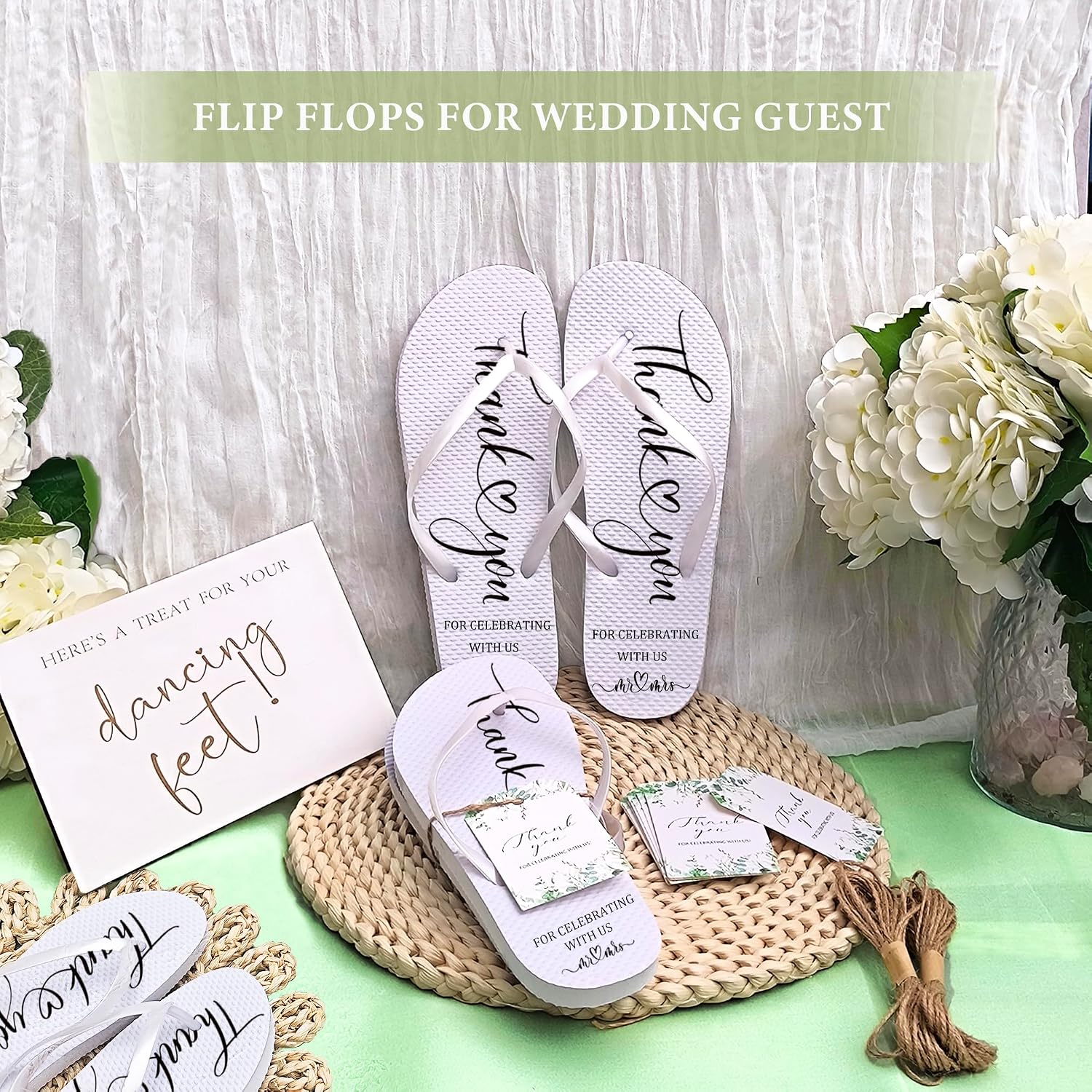 24 Pairs Bulk White Flip Flops for Wedding Sandals Guest Bridesmaid Assorted Size Sandals Bride Flip Flops with Organza Bags Hotel Guest Spa Slippers