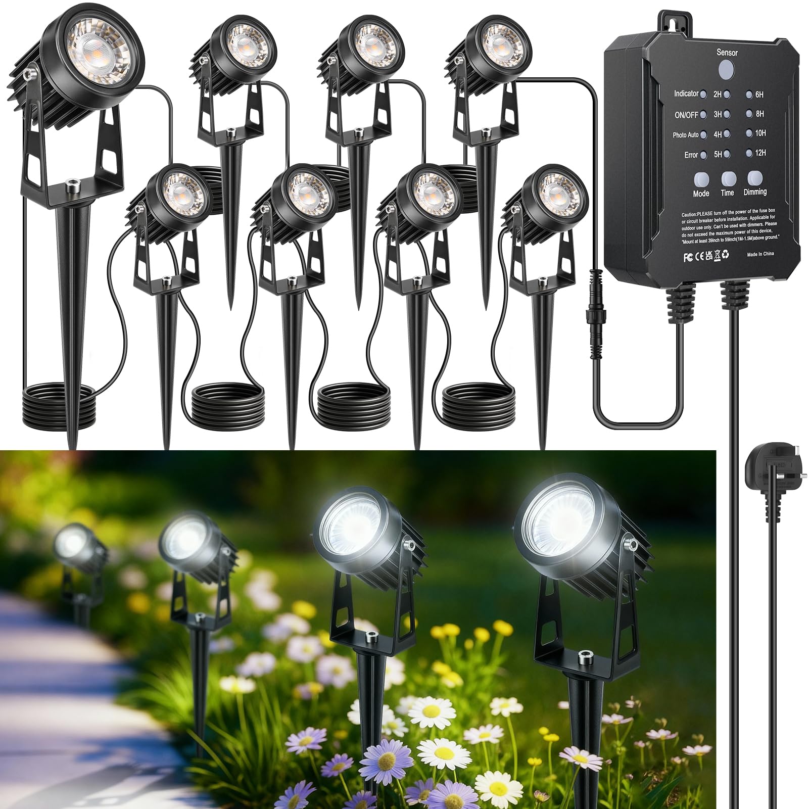 LightingWill Garden Lights Mains Powered with Timer and Photocell Sensor, 8 Pack LED Outdoor Spotlight, 5000K-6000K Cool White, IP65 Low Voltage Garden Lights for Lawn, Path, Patio, Driveway — image 1