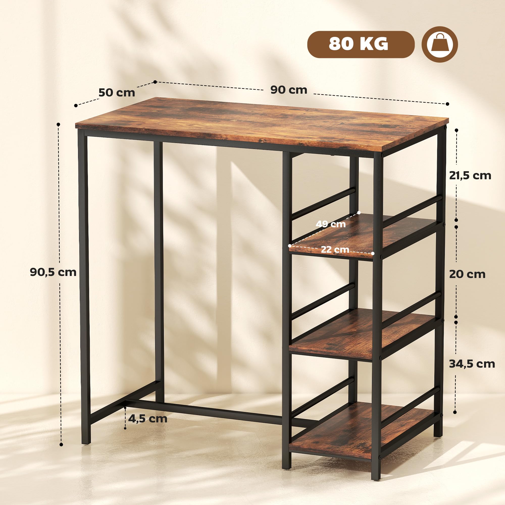 HOMCOM Table de Bar Mange-Debout Acier 90 x 50 x 90,5 cm Brun Rustique Noir