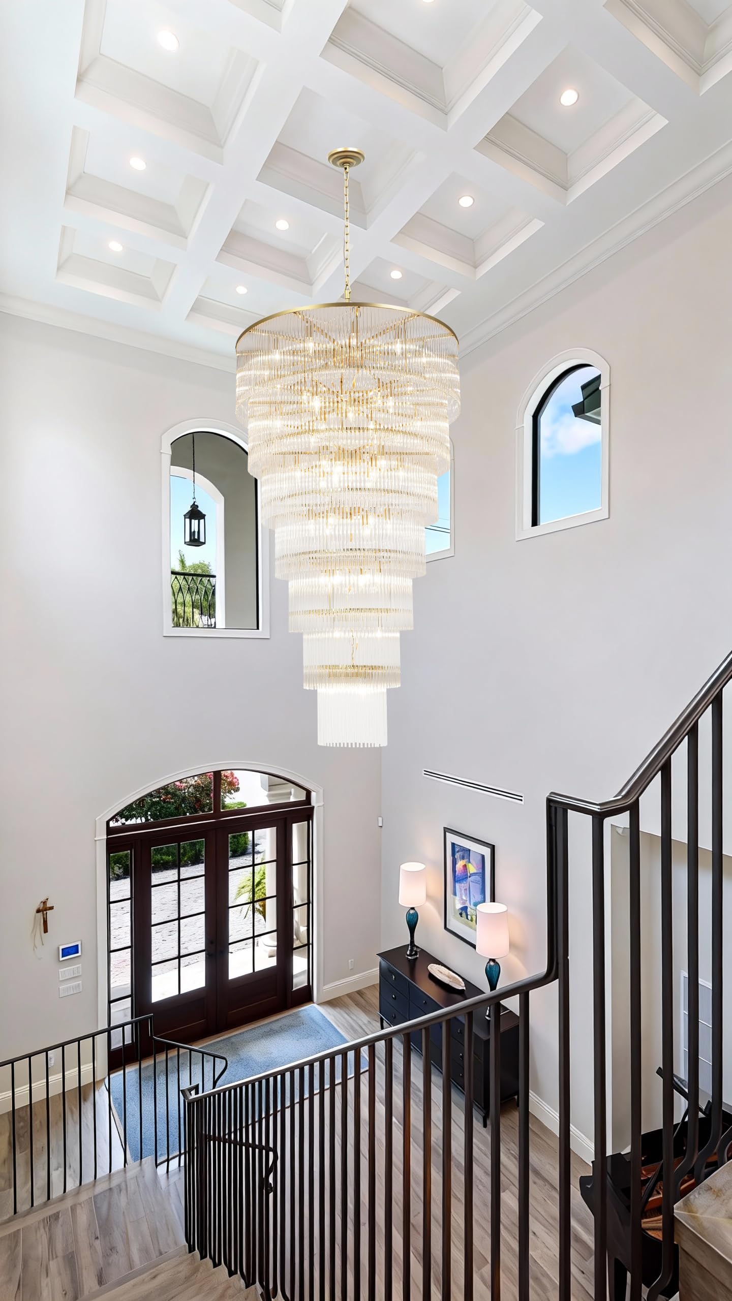 48 Light Staircase Crystal Chandeliers H68 W39 Modern Contemporary Elegant 7-Tier K9 Crystal Glass Chandelier Pendant Ceiling Lighting