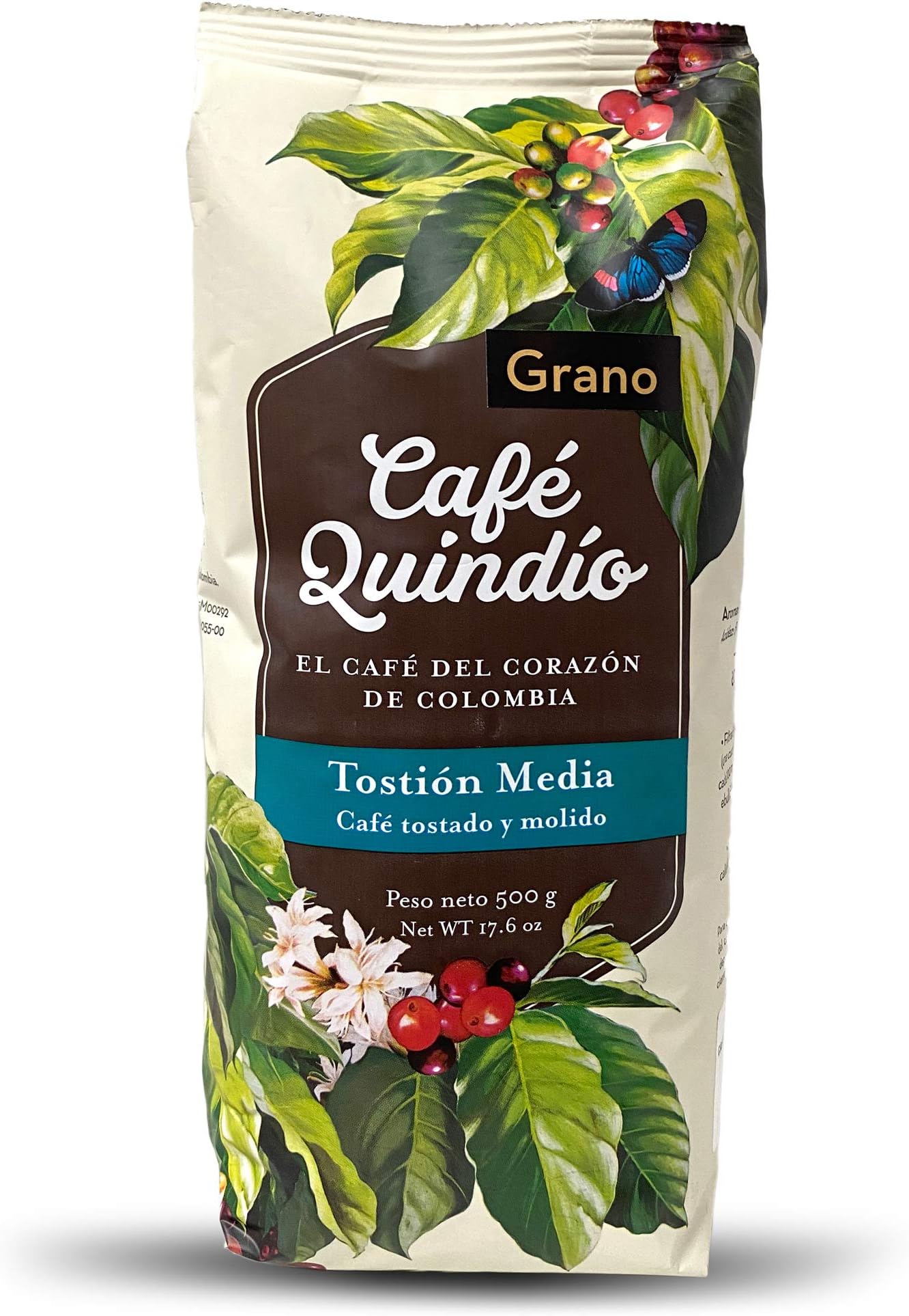Cafe Quindio Traditional Medium Roast Coffee, The Coffee from The Heart of Colombia, 100% Colombian Arabica Coffee, Artisanal Cultivation Single Estate Coffee. (Whole Bean, 500g/17.6 oz)