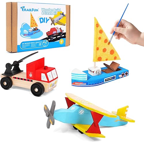 Wooden Build Paint Art Crafts Kit, Make Your Own Car Boat & Plane DIY Craft Toys for Kids Boys, STEM Educational Toy Set