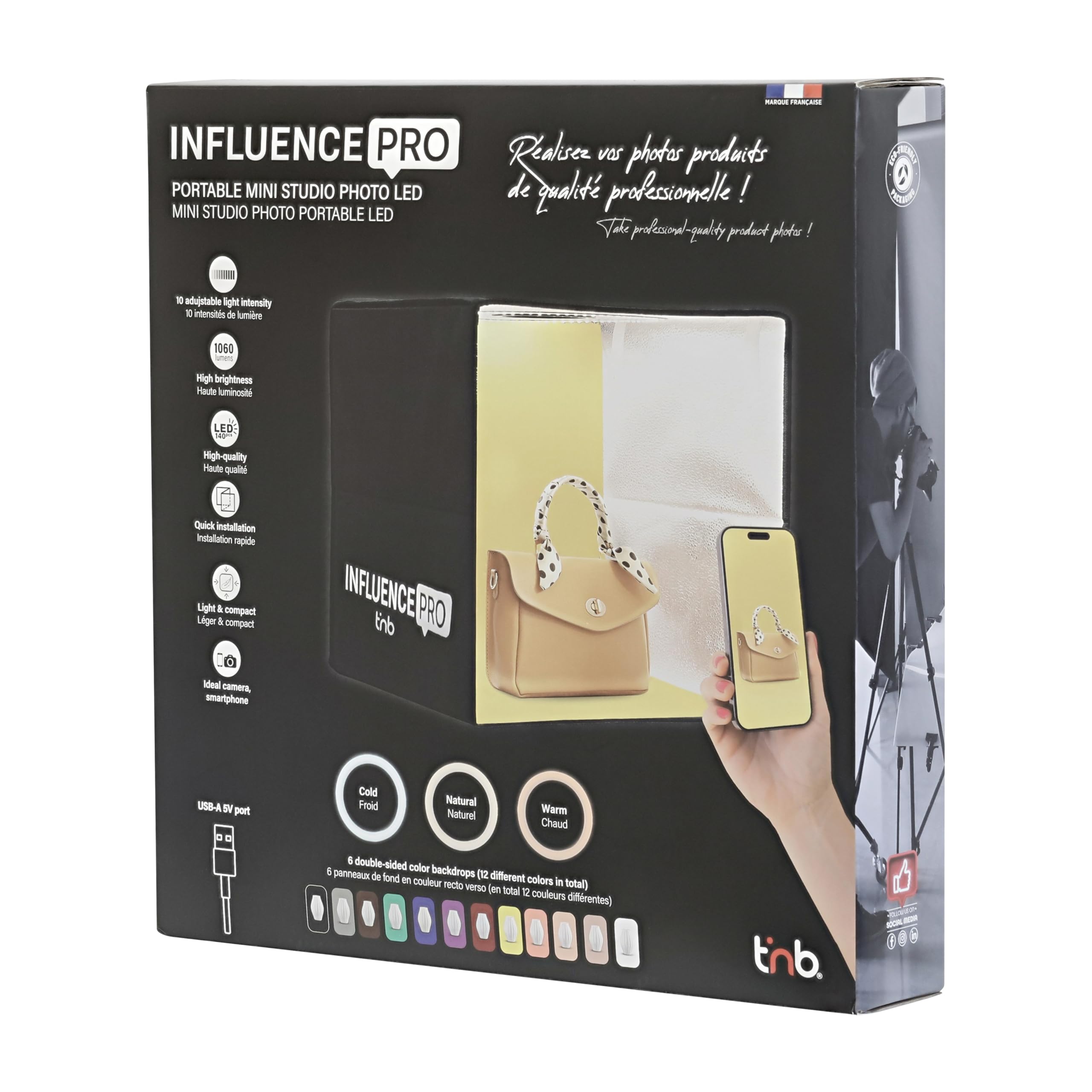 T'nB - Studio Photo Portable 40x40x40cm, idéal pour réaliser Vos Produits de qualité Professionnelle à Domicile ou pour déplacement, 12 Fonds, 10 Niveaux de luminosité - Noir