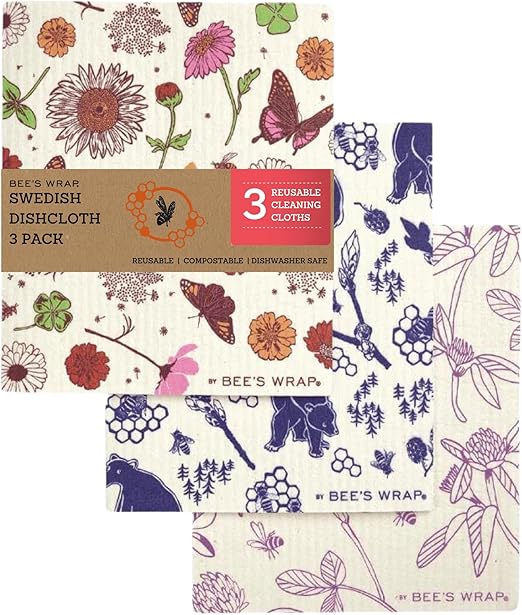 Bee's Wrap Swedish Dish Cloths - Pack of 3 Assorted Patterned Reusable Paper Towels - Spring Swedish Dishcloths for Kitchen - Organic & Washable Paper Towel Alternative