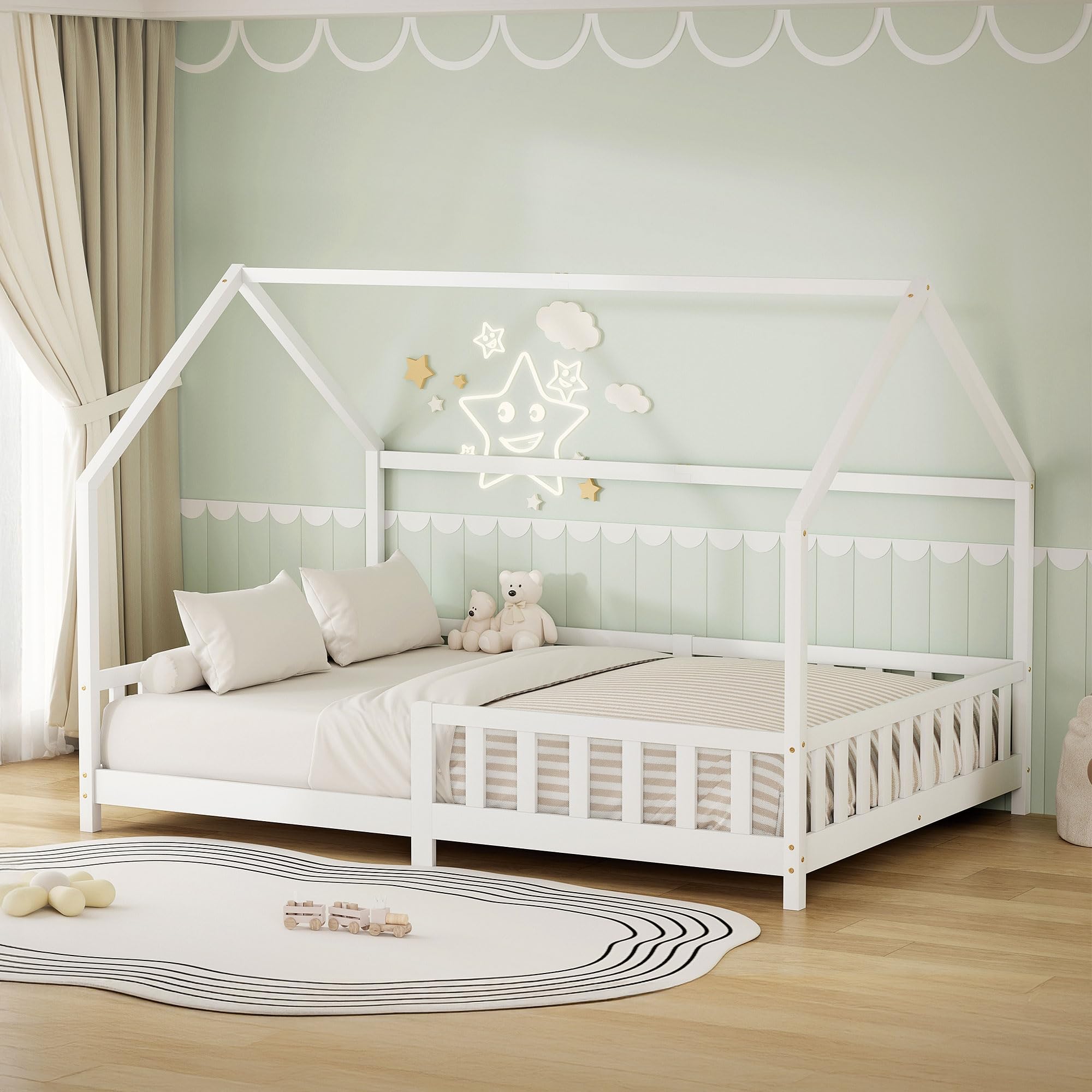 ML-Design Cama Infantil 140x200cm Blanco, con Protección Anticaída, Techo y Somier, Estructura Listones de Madera de Maciza de Pino Lecho Doble Montessori Forma de Casa Mobiliario Juvenil, para Niños