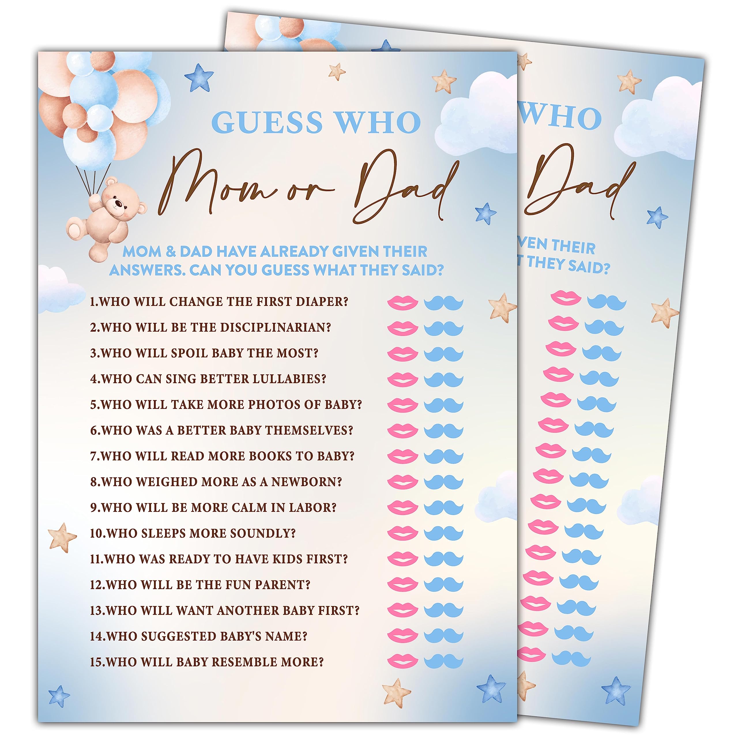 We Can Bearly Wait 30 Guess Who Mom or Dad Game Cards, Gender Reveal Party Supplies Favors (5"x7") - F05