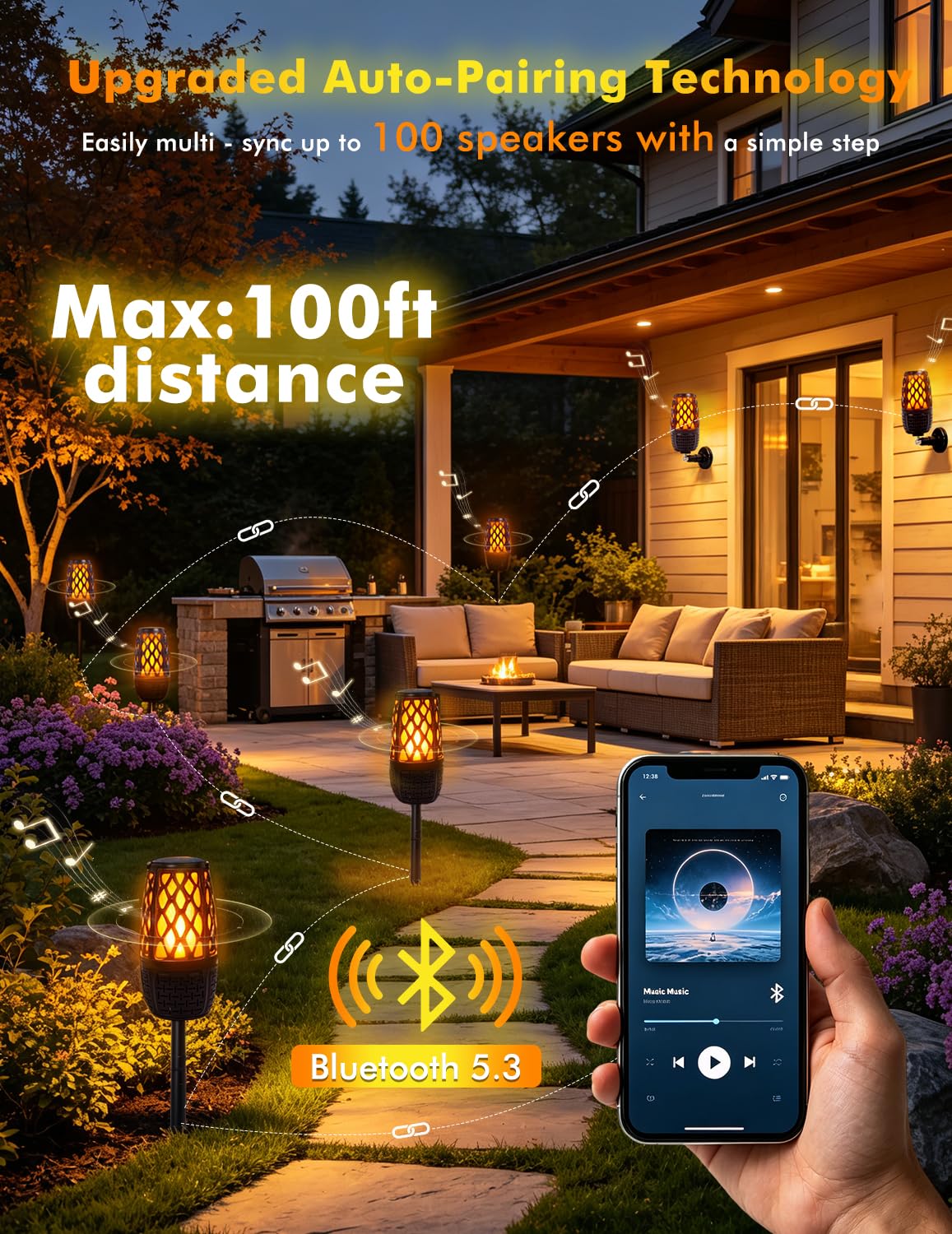 Altavoces para exteriores con llama y luces RGB, estéreo HD de 10 W, regalo