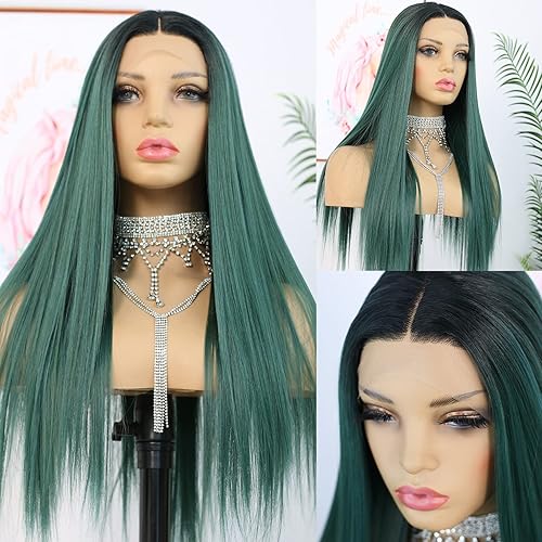 ANDRIA Lace Front Wigs Straight Hair Glueless Lace Wigs Synthetic Long Silk Straight Natural Wig Heat Resistant Fiber Ombre Green Colorful Wig With Baby Hair For Black Women 24 Inches