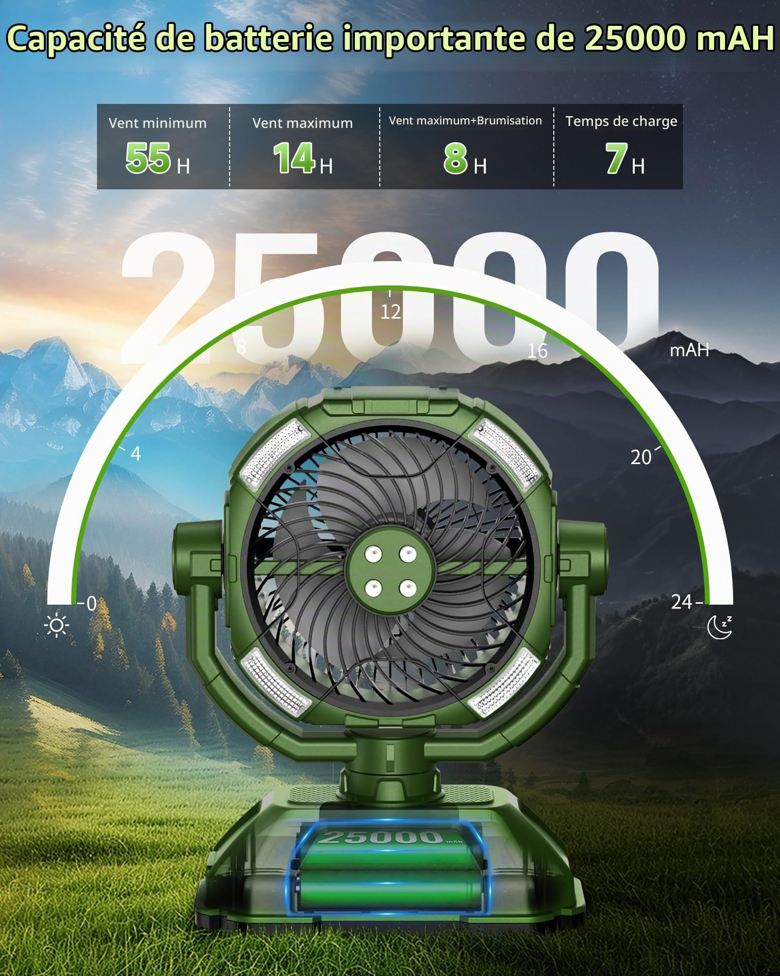 Ventilateur brumisateur avec seau de 7 L, ventilateur de camping rechargeable de 25 000 mAh, vitesse variable en continu, ventilateurs d'extérieur de 25,4 cm pour terrasse/camping, ventilateur de