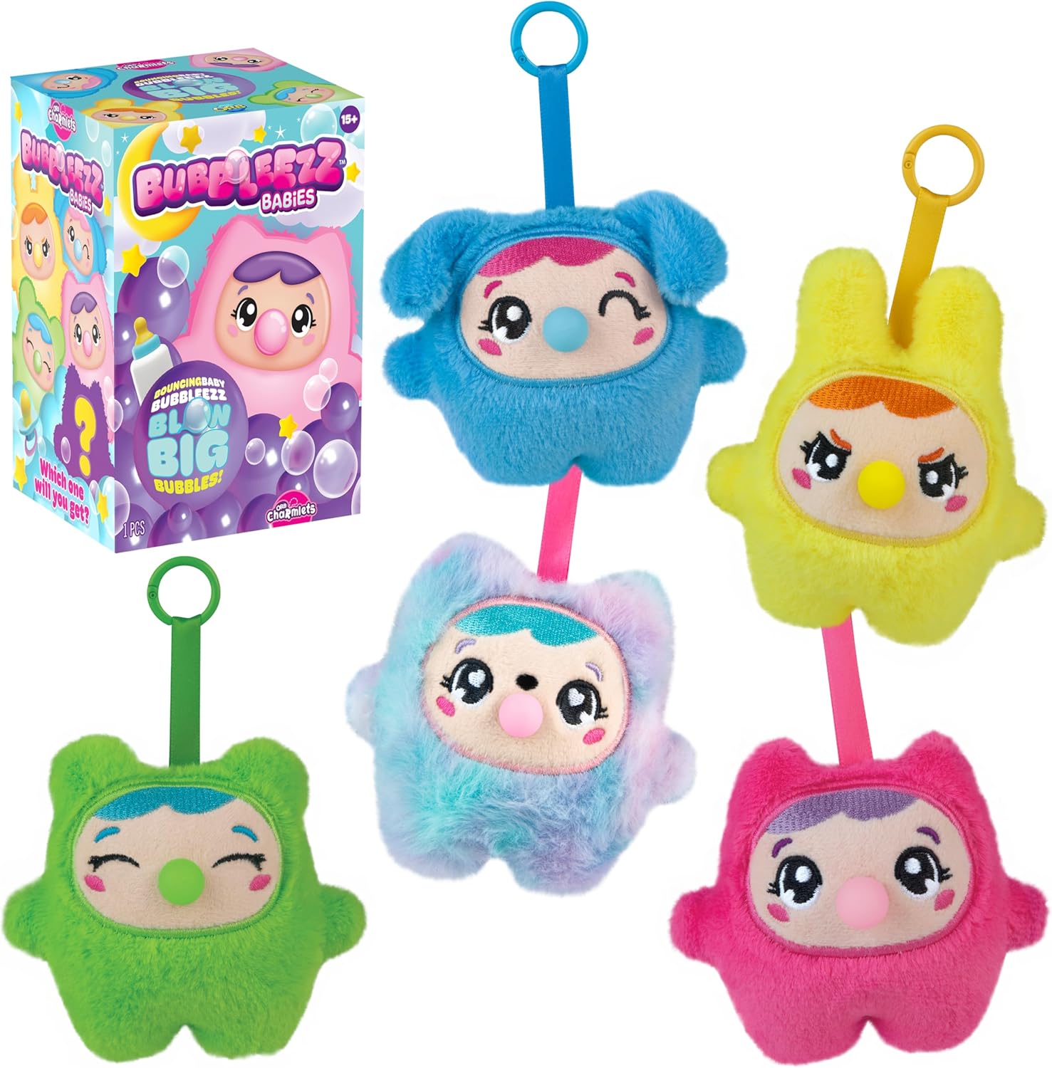ORB Bubbleez Babies Plush Keychain Charms Assorted Blind Box - 1 Individual Bubbleez Baby Fidget Toy - Squeeze to Blow Big Bubble - Collectible Charm Squeeze Toys for Backpacks Keys Handbags More