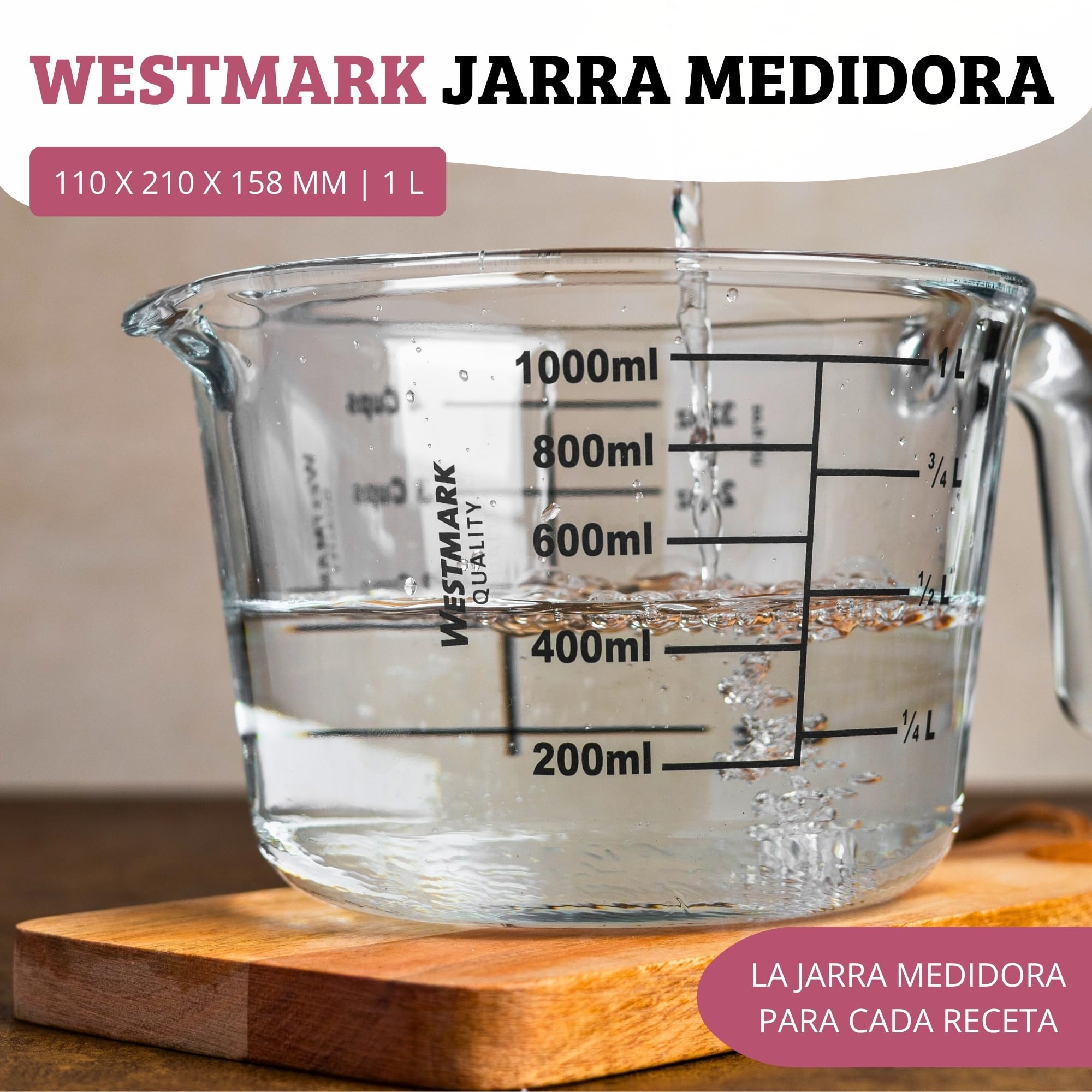 Westmark Jarra medidora, volumen de llenado: 1 L, apto para horno, microondas, congelador, vidrio de borosilicato, transparente/negro, 30632260