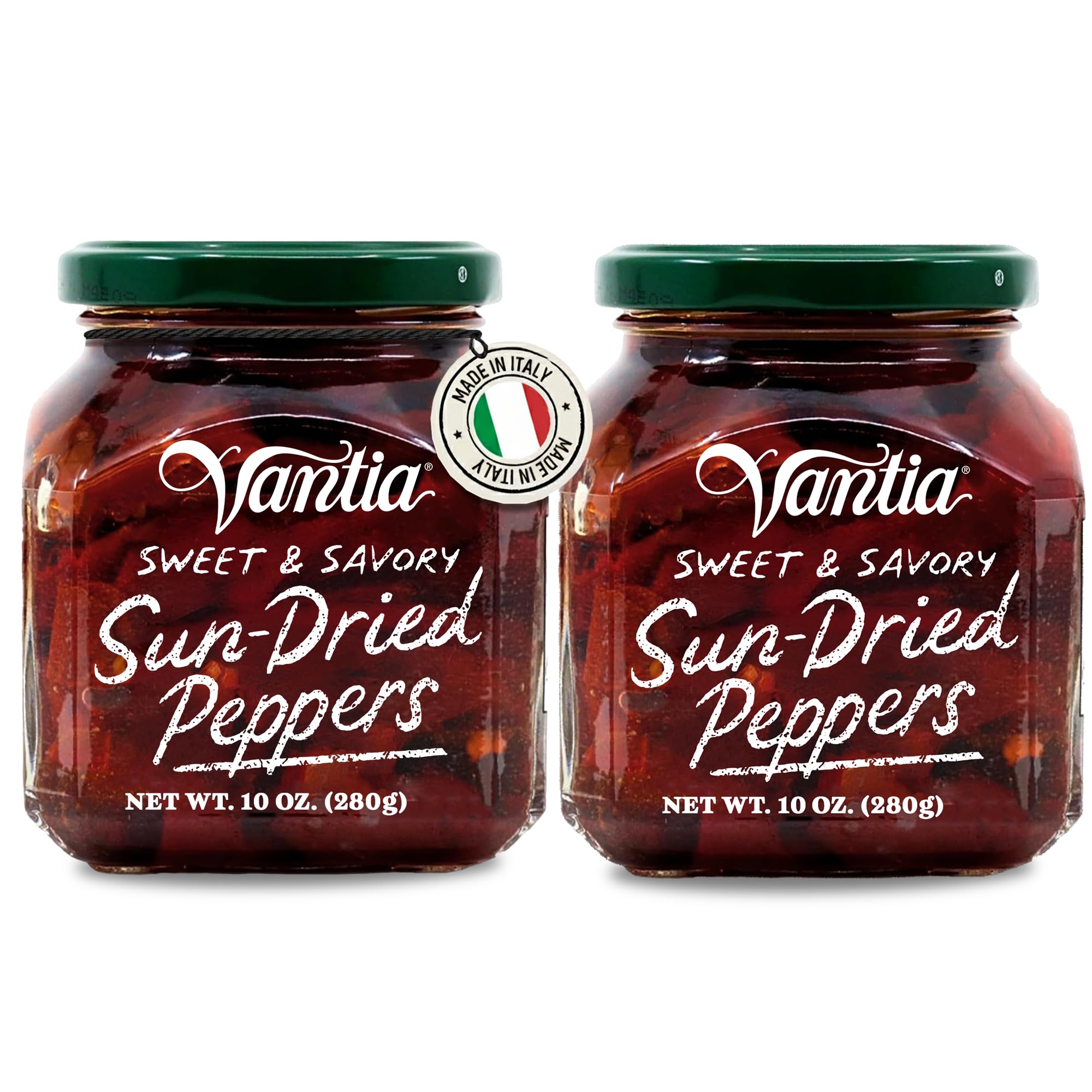 Vantia Sweet & Savory Sun-Dried Peppers 2 x 10 oz – Imported Italian Peppers in Olive Oil with Bold Fruity Flavor, Perfect for Antipasto, Salads, Pasta, Pizza & Gourmet Recipes