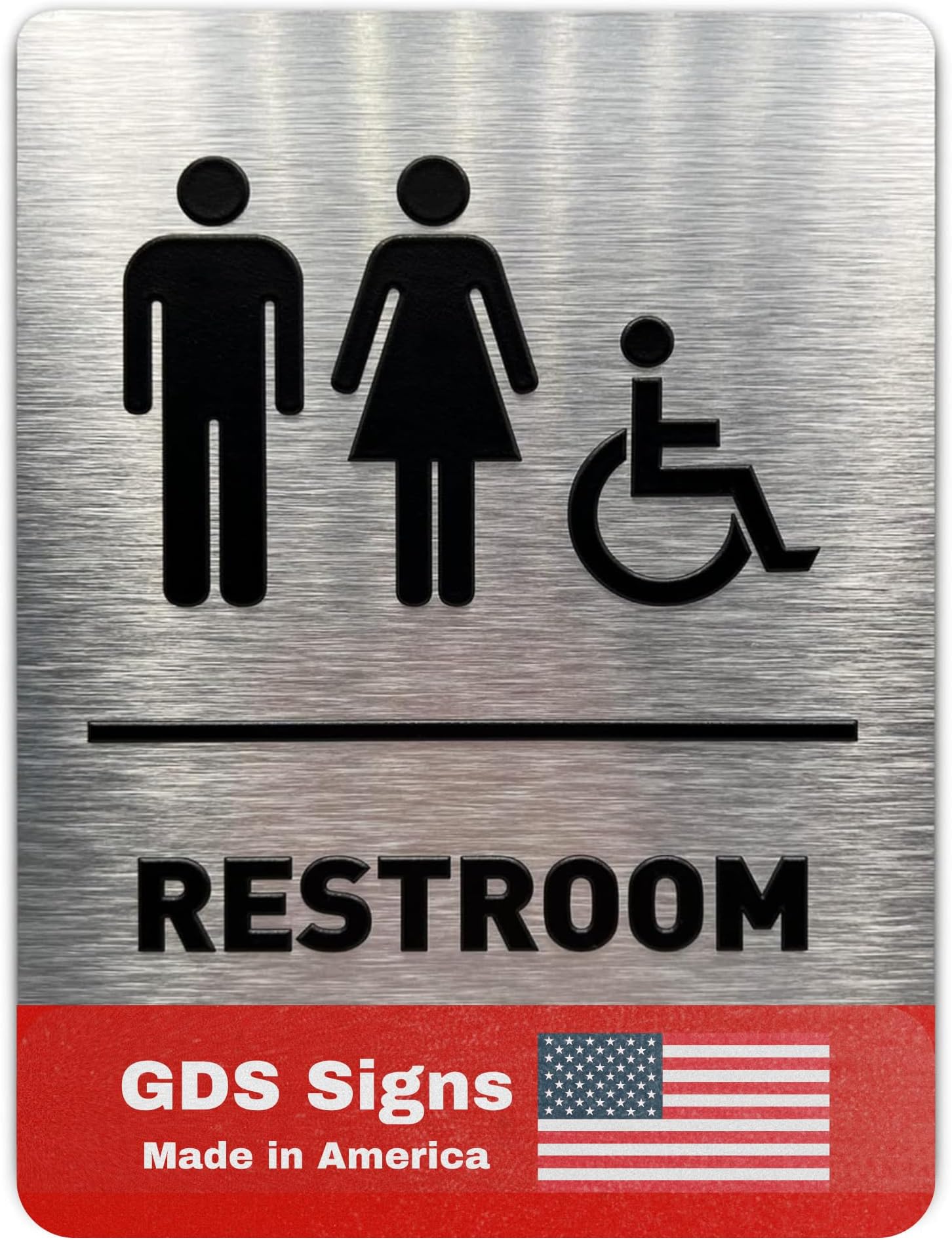 Unisex/Wheelchair Bathroom Sign by GDS - ADA Compliant, Wheelchair Accessible, Raised Icons, & Grade 2 Braille - Includes Adhesive Strips for Easy Installation - Bathroom Signs for Business, Restroom Sign, Restroom Signs for Business - 6" W x 8" H (Brushed Aluminum) - Made in USA