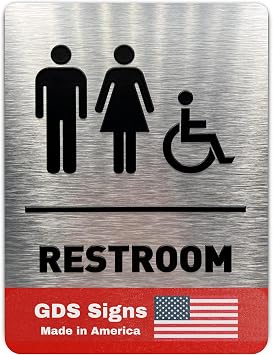Unisex/Wheelchair Bathroom Sign by GDS - ADA Compliant, Wheelchair Accessible, Raised Icons, Grade 2 Braille - Includes Adhesive Strips for Easy Installation - Bathroom Signs for Business, Restroom Sign, Restroom Signs for Business - 6" W x 8" H Brushed Aluminum - Made in USA