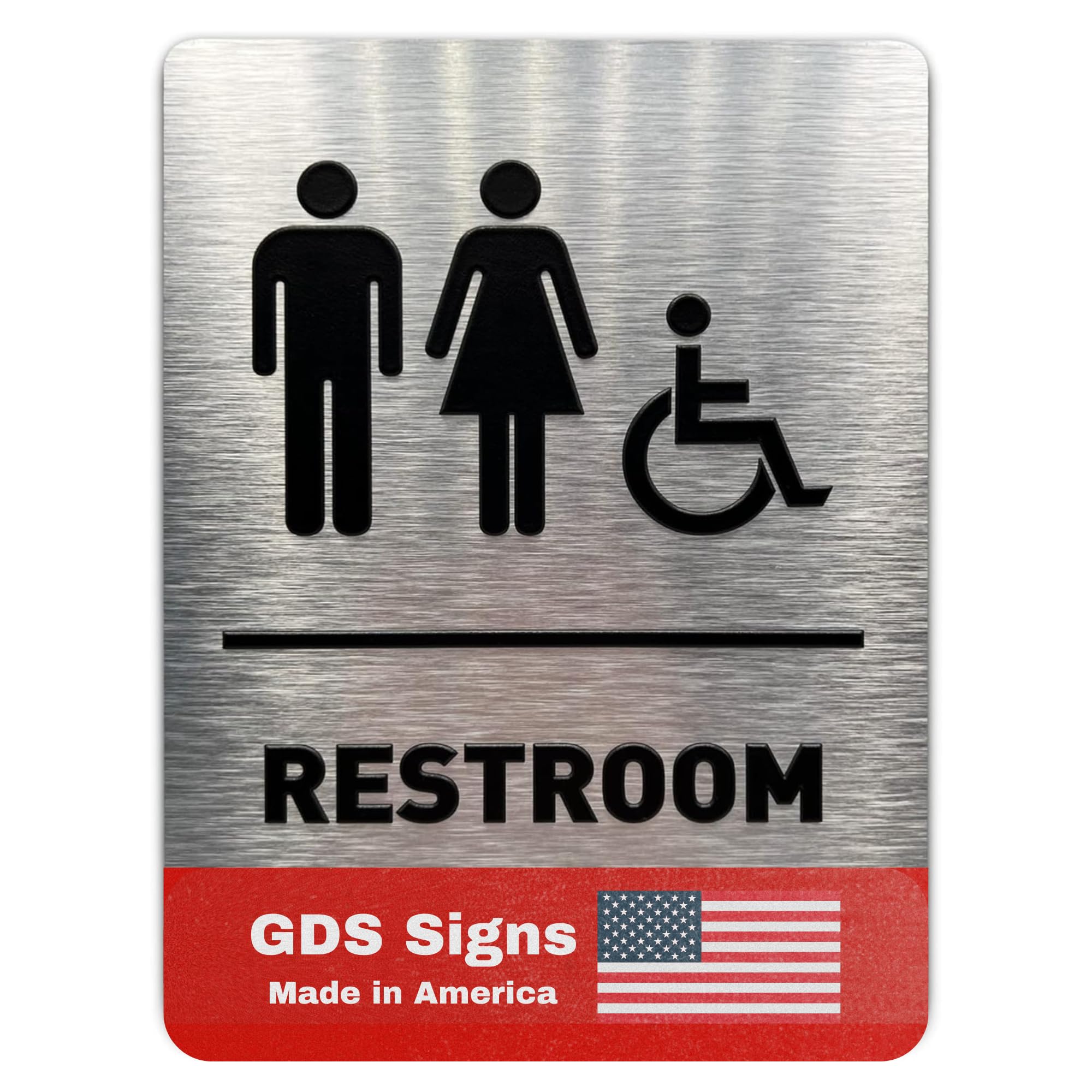 Unisex/Wheelchair Bathroom Sign by GDS - ADA Compliant, Wheelchair Accessible, Raised Icons, & Grade 2 Braille - Includes Adhesive Strips for Easy Installation - Bathroom Signs for Business, Restroom Sign, Restroom Signs for Business - 6" W x 8" H (Brushed Aluminum) - Made in USA