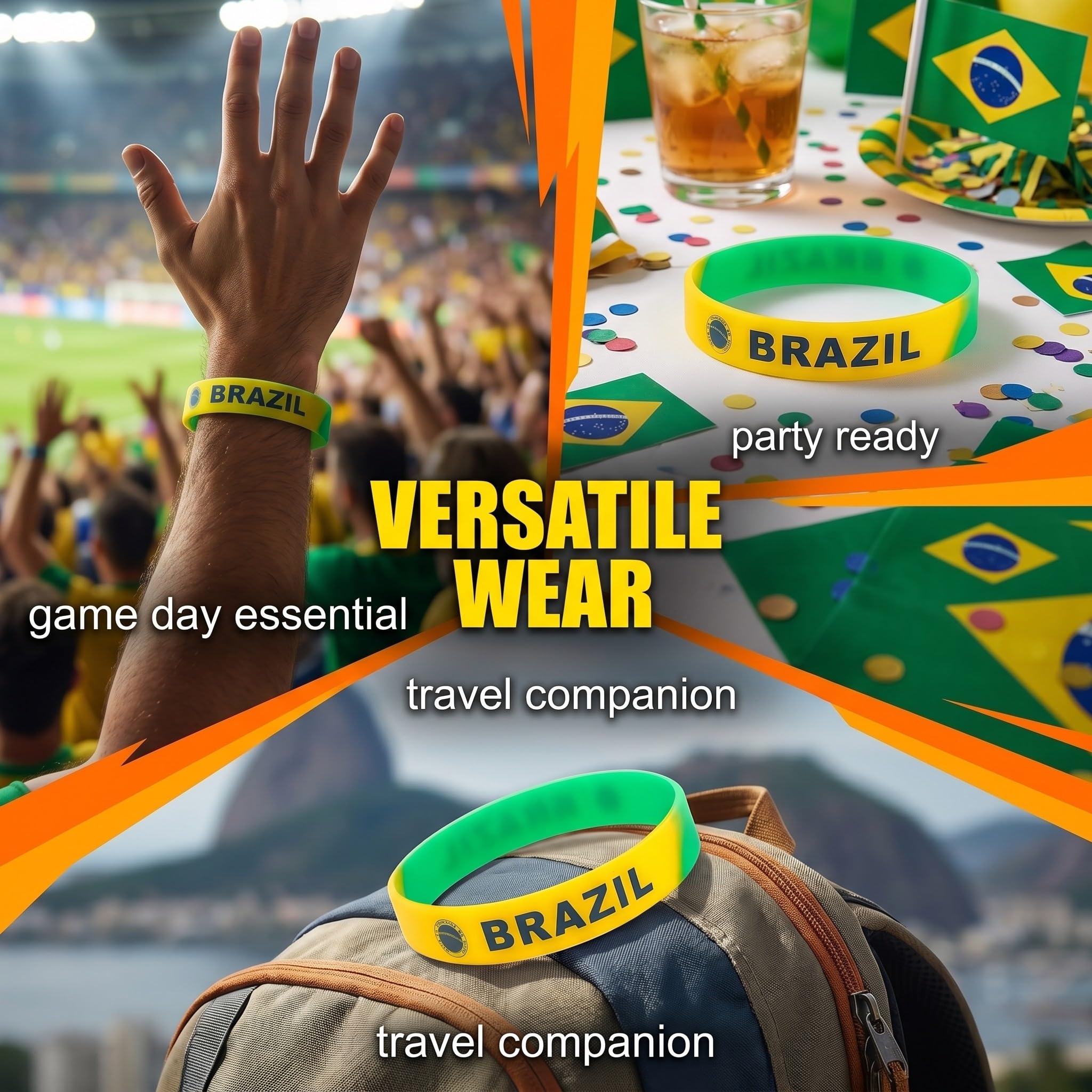 Lot de 6 Bracelets Silicone Drapeau Brésil | Accessoires Supporters Football | Fan Sportifestif | Unisexe Enfants Adultes | Anti-Transpiration Résistant
