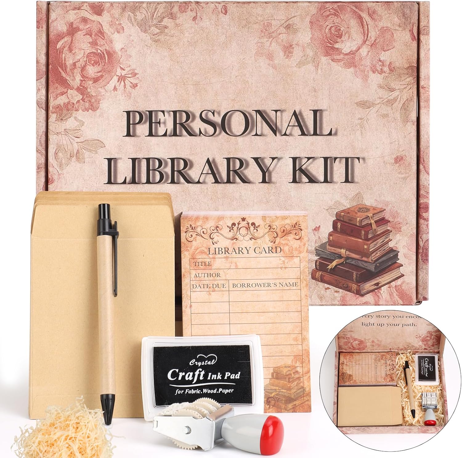 105 Pieces Library Card Pockets Personal Library Kit with 50 Due Date Note Cards 50 Self Adhesive Envelope Seeves Rubber Stamp Line Dater Inkpad Roller Pens Gold Raffia Gift Box for Gifts Book Lovers