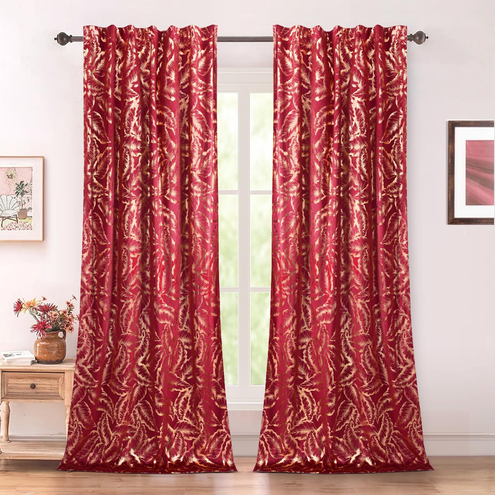 Lot de 2 rideaux en velours avec motif feuilles dorées - Beaux rideaux en velours - Opaques - Avec ruban fronceur - Pour salon, chambre à coucher - H 274 x l 132 cm - Rouge Noël